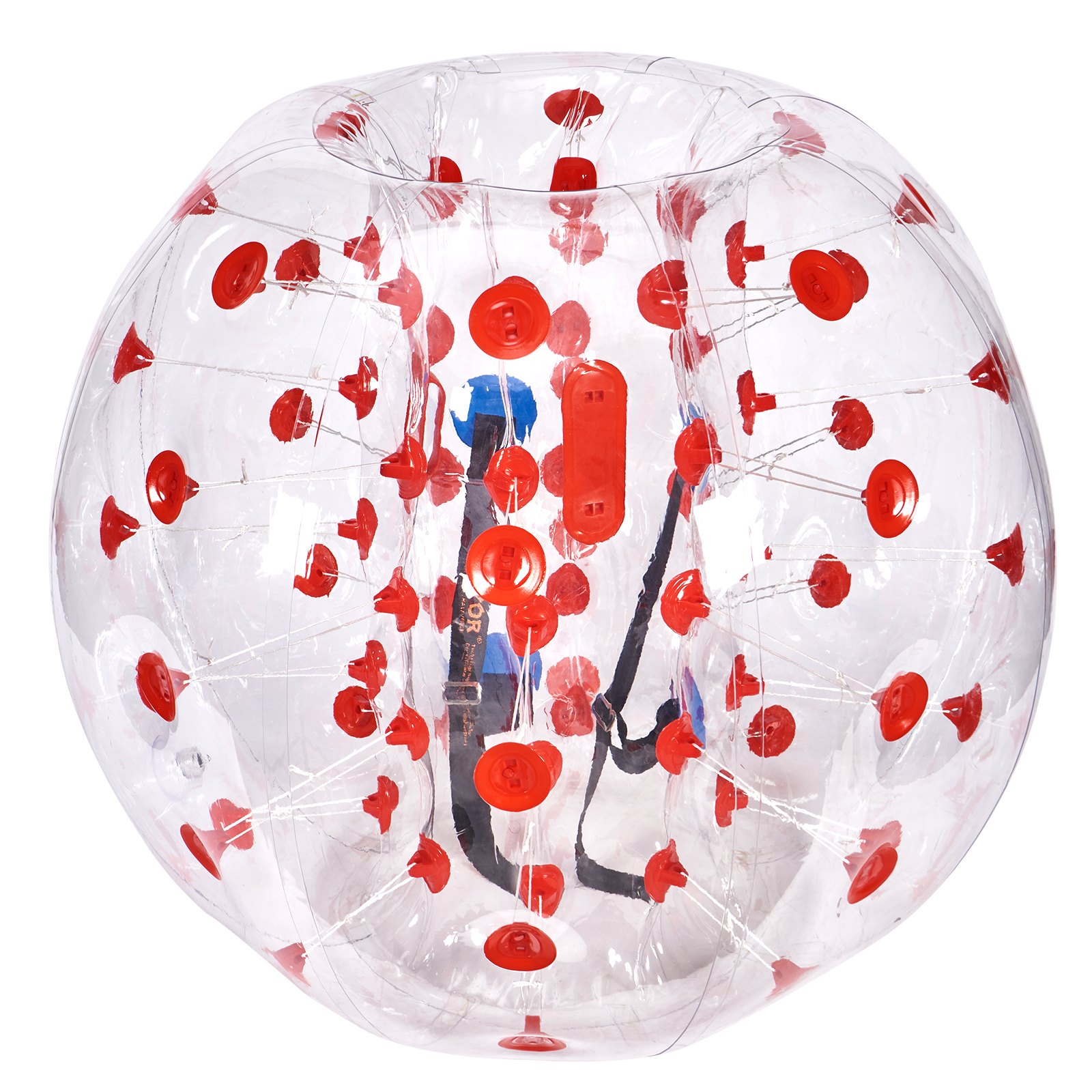 Pelota de choque inflable VEVOR de cuerpo transparente con asas de agarre rojas y arnés de seguridad interno.