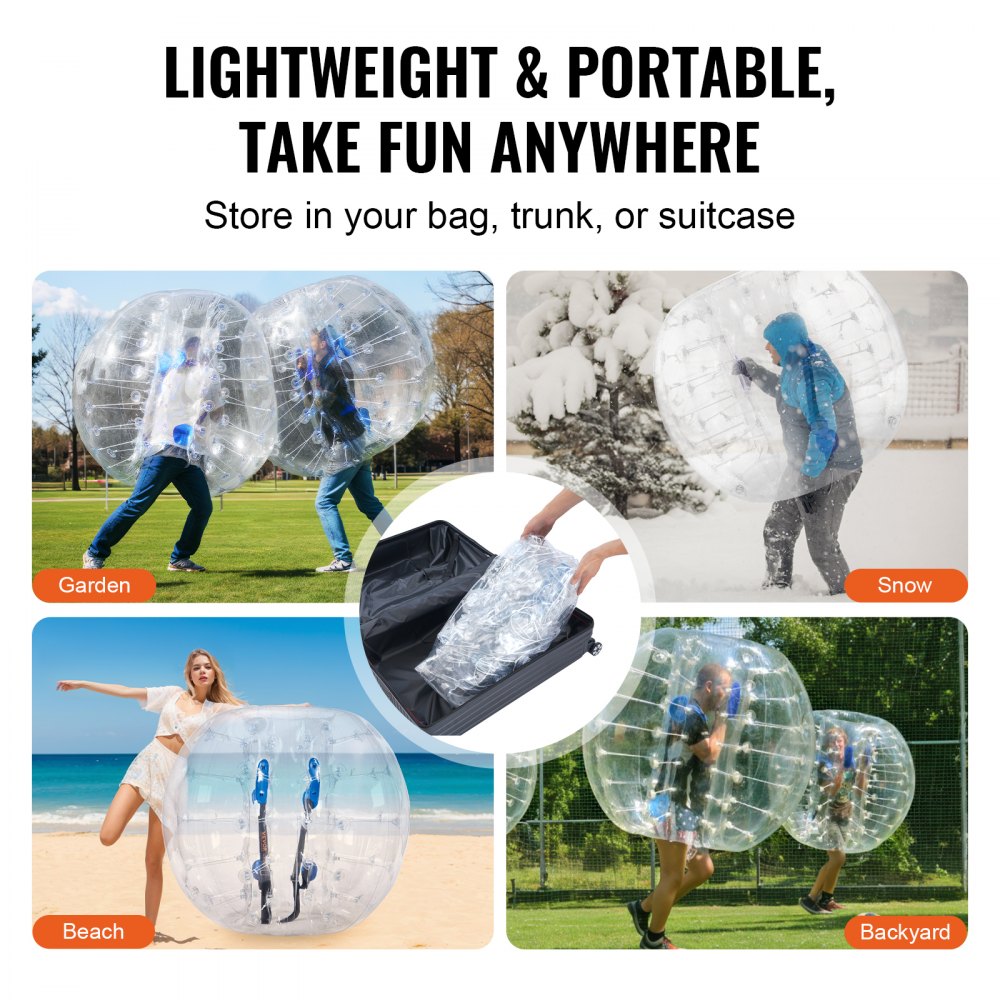 Pelotas de parachoques inflables VEVOR utilizadas en jardines, nieve, playa y patios, con fácil almacenamiento.