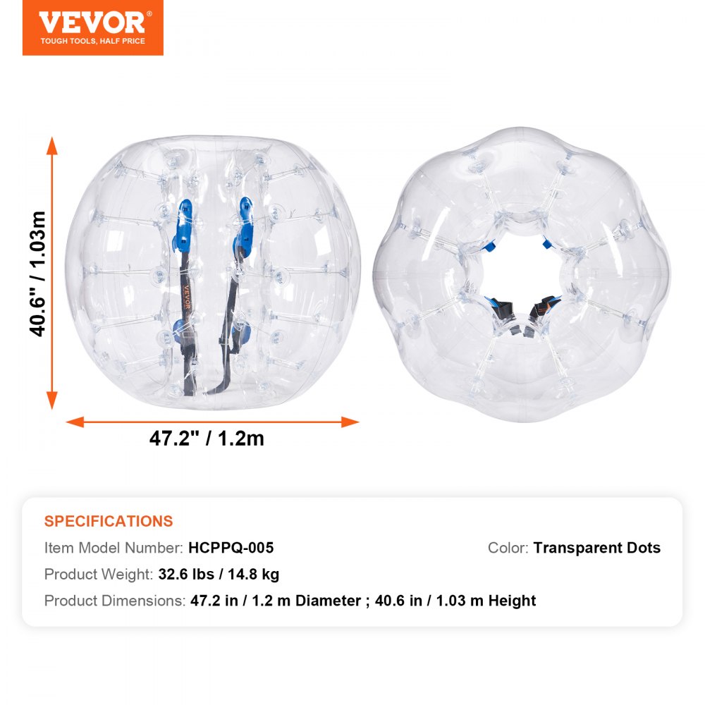 Pelotas de choque inflables VEVOR, transparentes, 47,2&quot; de diámetro, 40,6&quot; de altura, con asas y correas azules.