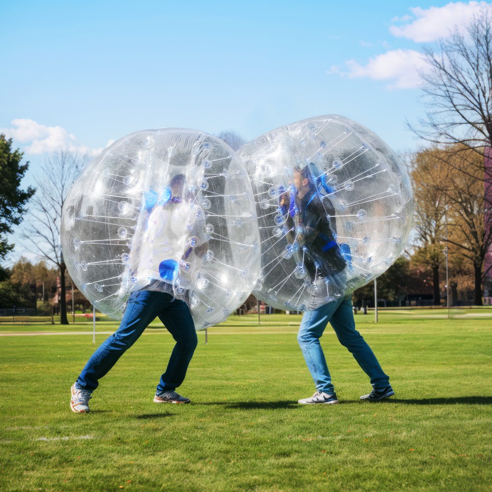 Dos personas jugando en el césped con pelotas inflables VEVOR bajo un cielo azul claro.