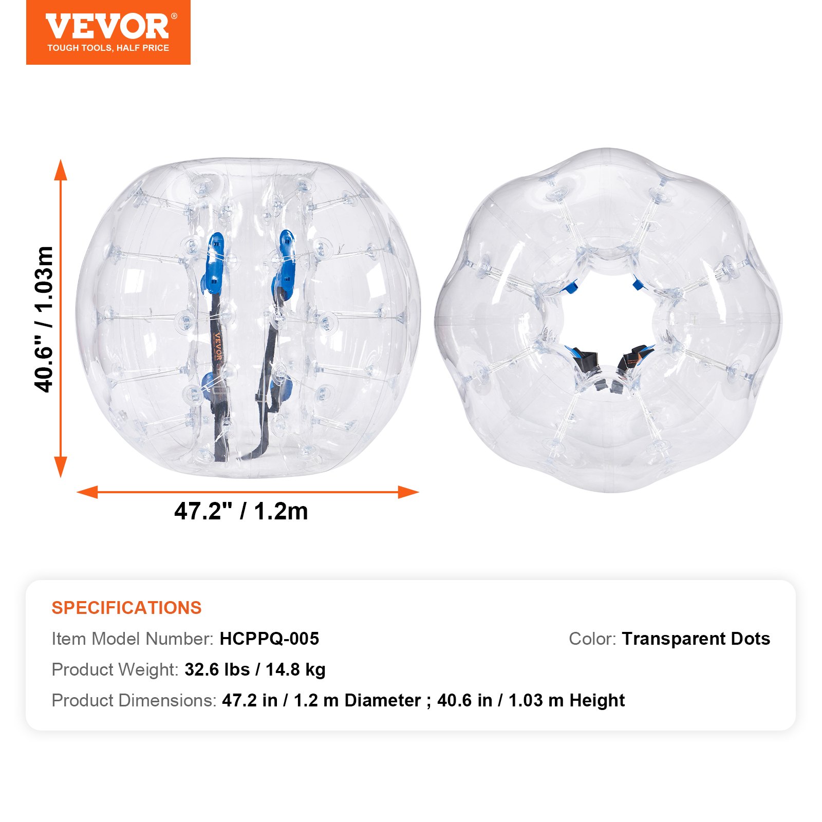 Pelotas de choque inflables VEVOR, transparentes, 47,2&quot; de diámetro, 40,6&quot; de altura, con asas y correas azules.