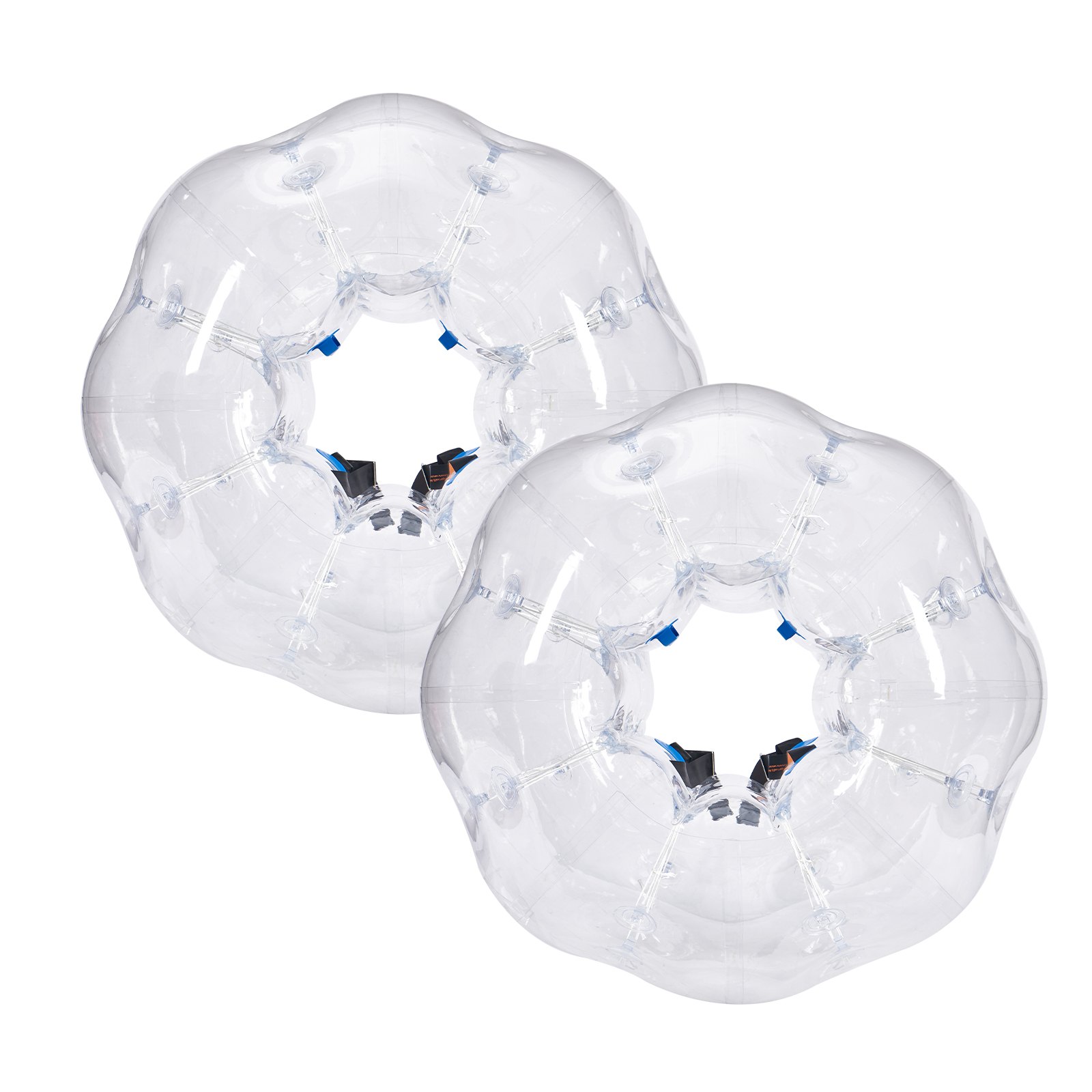Dos pelotas de choque inflables VEVOR transparentes con correas azules, dispuestas una encima de la otra.