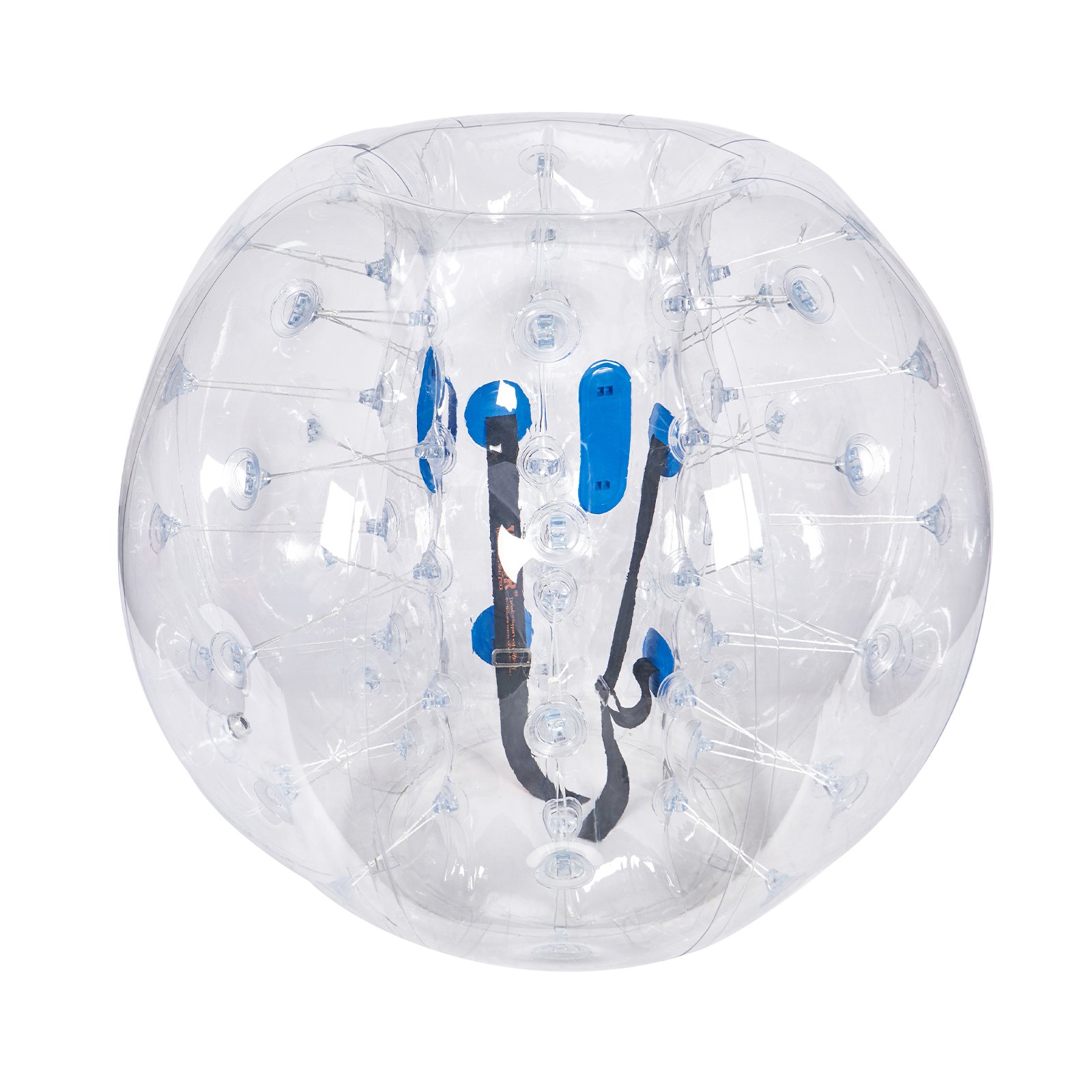 Pelota de parachoques inflable VEVOR transparente con acolchado interior azul y arneses, diseñada para divertirse al aire libre.