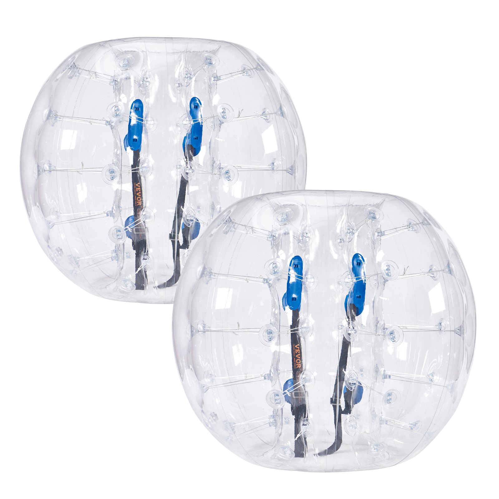 Dos pelotas de parachoques inflables VEVOR transparentes con arneses azules y correas negras.