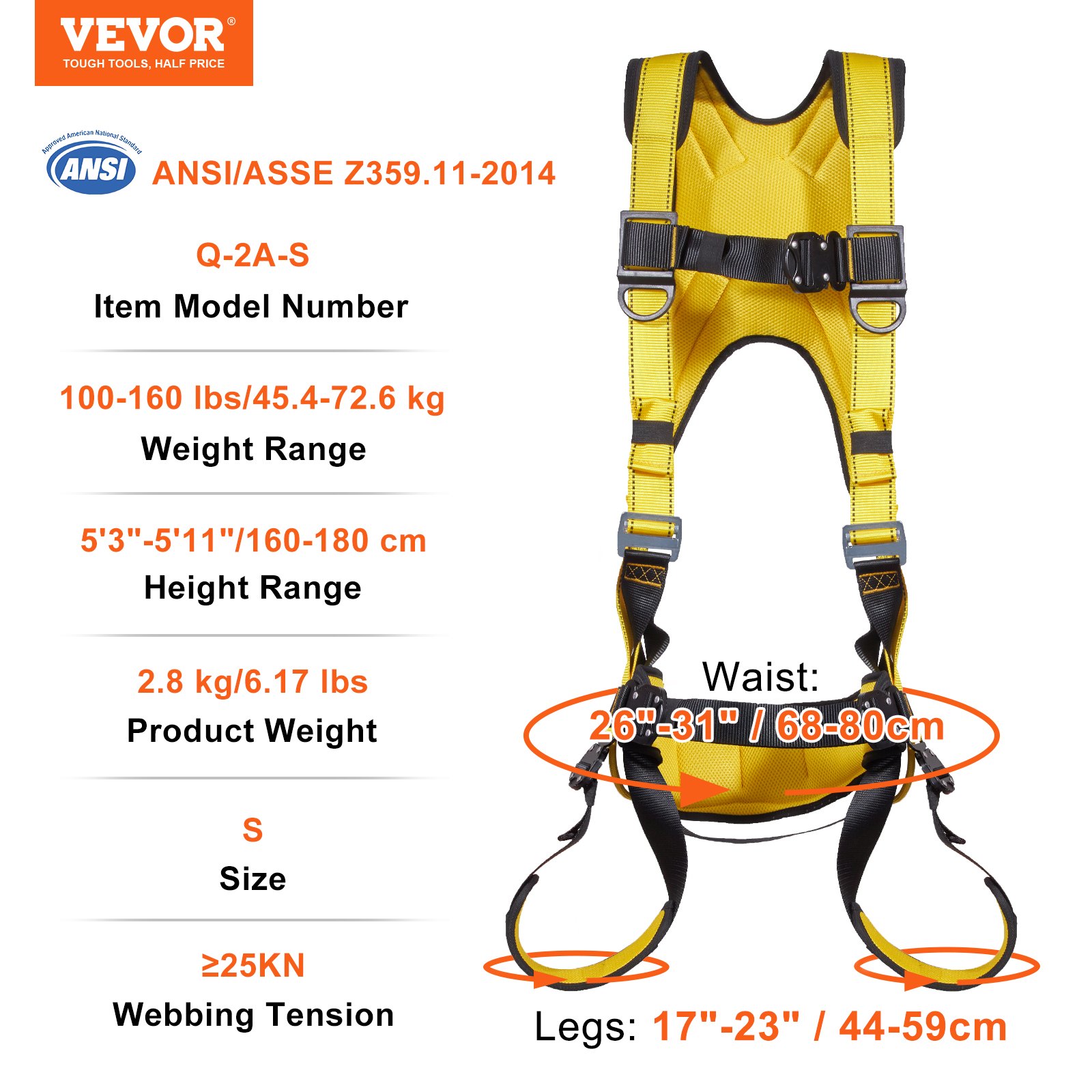 Arnés de seguridad VEVOR, arnés de cuerpo completo, arnés de seguridad con protección contra caídas con acolchado adicional, anillos laterales y anillos en D dorsales y cordón, ANSI/ASSE Z359.11-2014, peso máximo de 160 libras, S