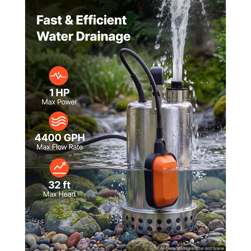 Bomba de agua sumergible VEVOR de 1 HP y 4400 GPH con interruptor de flotador, portátil, de acero inoxidable, para vaciar piscinas, estanques de jardín, jacuzzis y sótanos, resistente al agua IPX8.