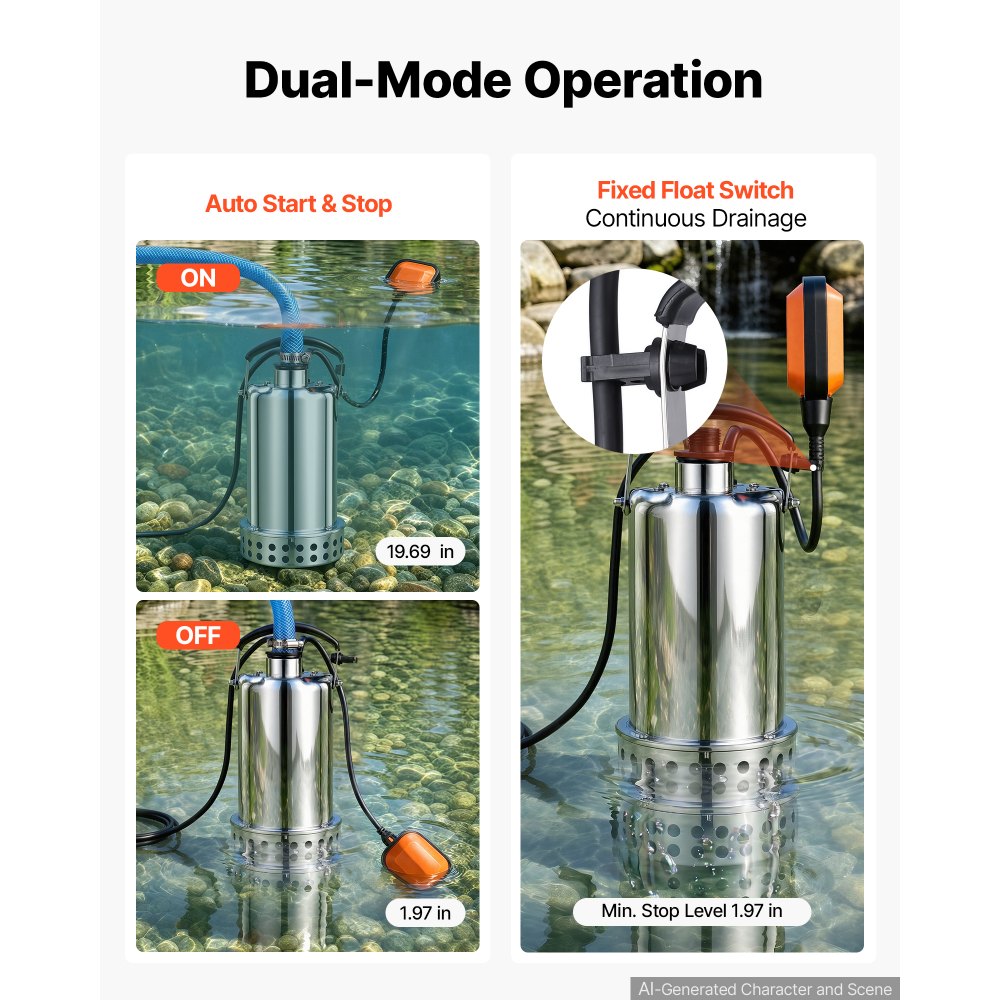 Bomba de agua sumergible VEVOR de 1 HP y 4400 GPH con interruptor de flotador, portátil, de acero inoxidable, para vaciar piscinas, estanques de jardín, jacuzzis y sótanos, resistente al agua IPX8.