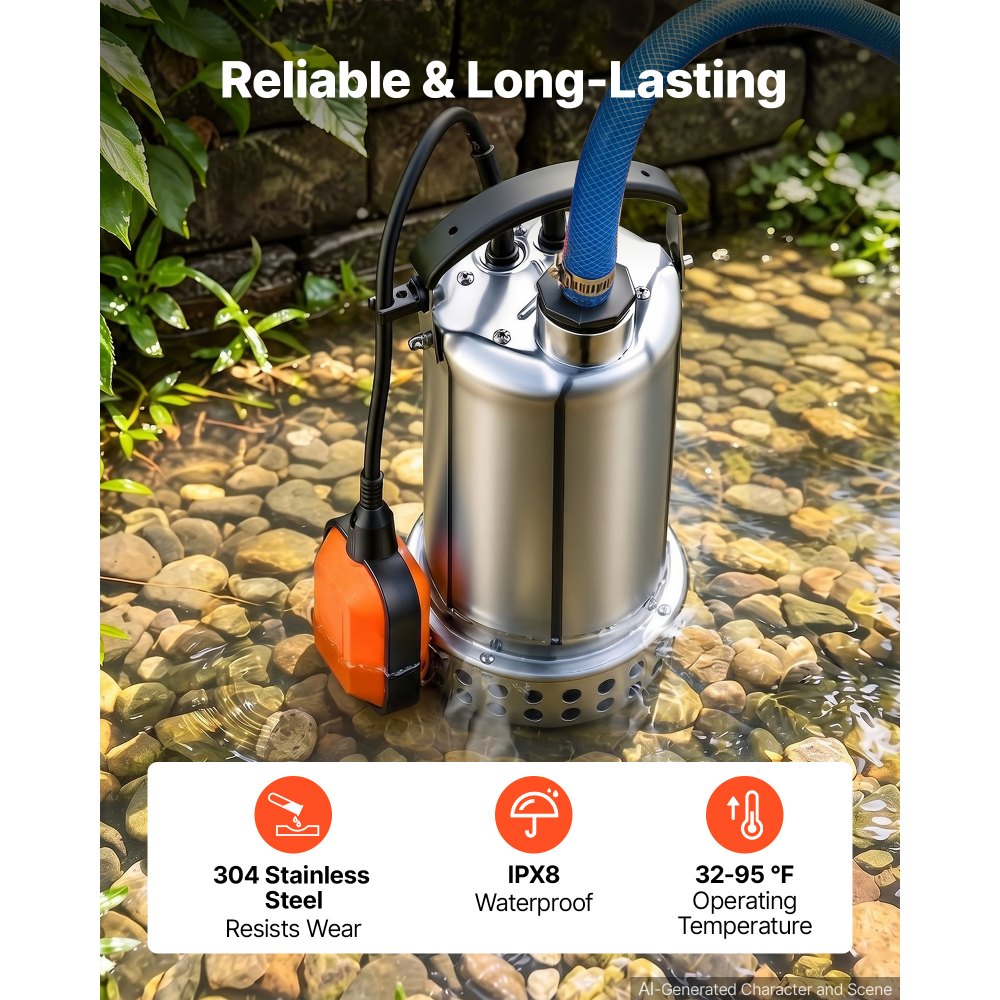 Bomba de agua sumergible VEVOR de 1 HP y 4400 GPH con interruptor de flotador, portátil, de acero inoxidable, para vaciar piscinas, estanques de jardín, jacuzzis y sótanos, resistente al agua IPX8.