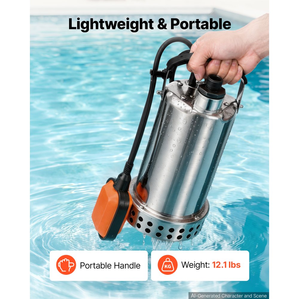 Bomba de agua sumergible VEVOR de 1 HP y 4400 GPH con interruptor de flotador, portátil, de acero inoxidable, para vaciar piscinas, estanques de jardín, jacuzzis y sótanos, resistente al agua IPX8.