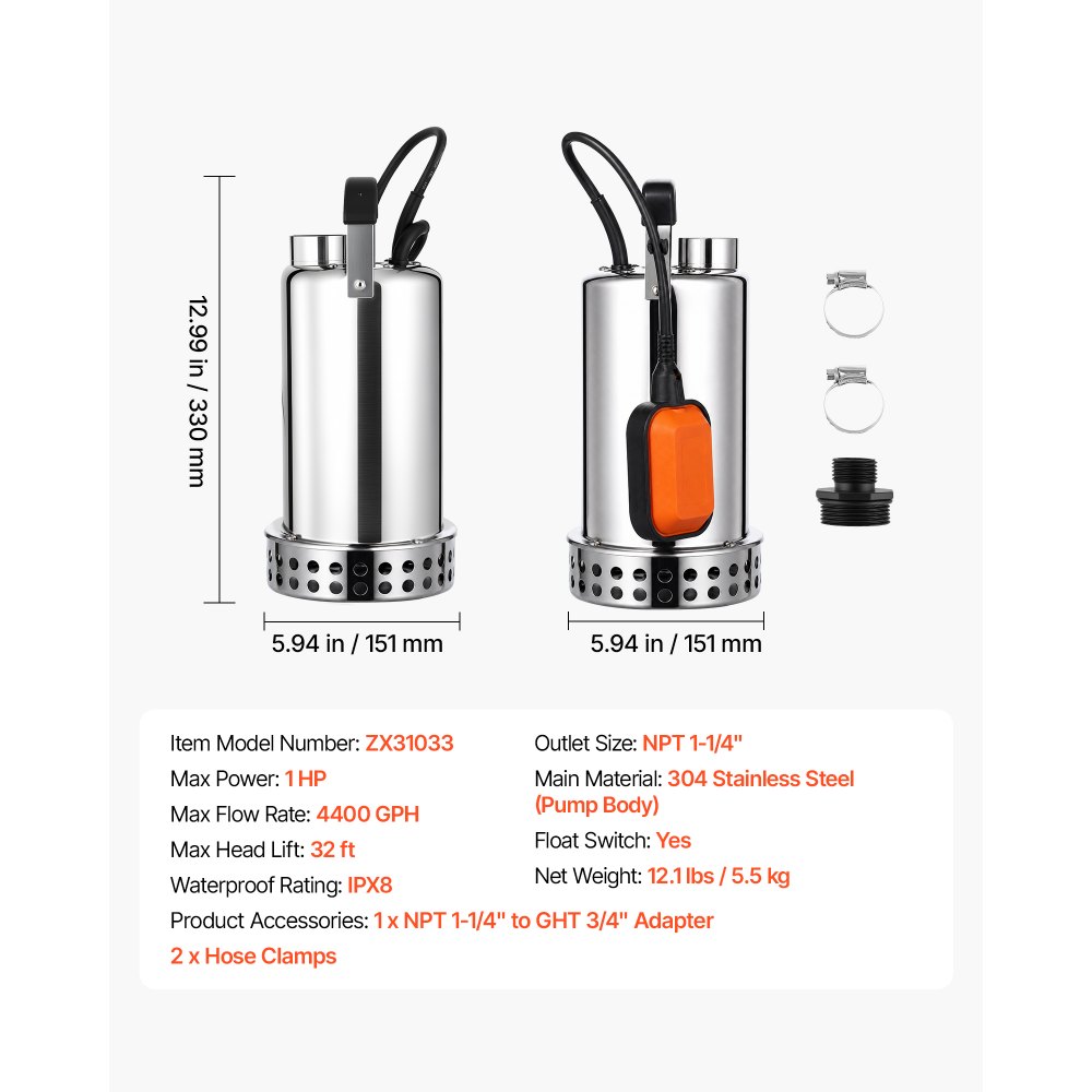 Bomba de agua sumergible VEVOR de 1 HP y 4400 GPH con interruptor de flotador, portátil, de acero inoxidable, para vaciar piscinas, estanques de jardín, jacuzzis y sótanos, resistente al agua IPX8.