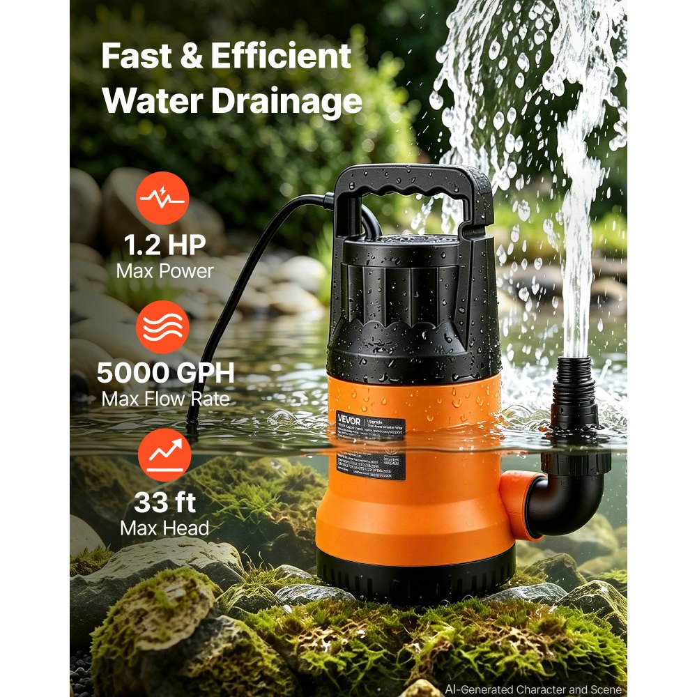 Bomba de agua sumergible VEVOR con manguera de 7,6 m (25 pies), 1,2 HP, 5000 GPH, bomba de sumidero portátil para extracción de agua, material termoplástico, para vaciar piscinas, estanques de jardín, jacuzzis y sótanos, resistente al agua IPX8.