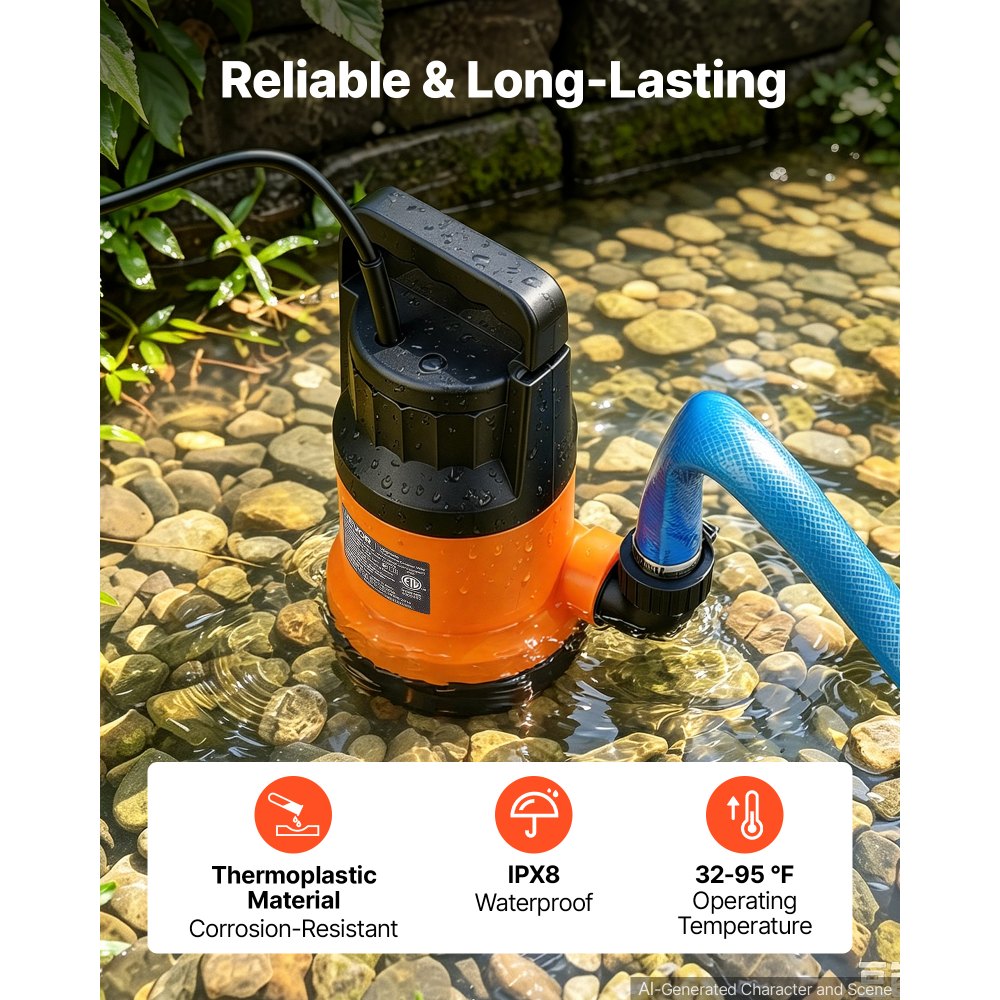 Bomba de agua sumergible VEVOR con manguera de 7,6 m (25 pies), 1,2 HP, 5000 GPH, bomba de sumidero portátil para extracción de agua, material termoplástico, para vaciar piscinas, estanques de jardín, jacuzzis y sótanos, resistente al agua IPX8.