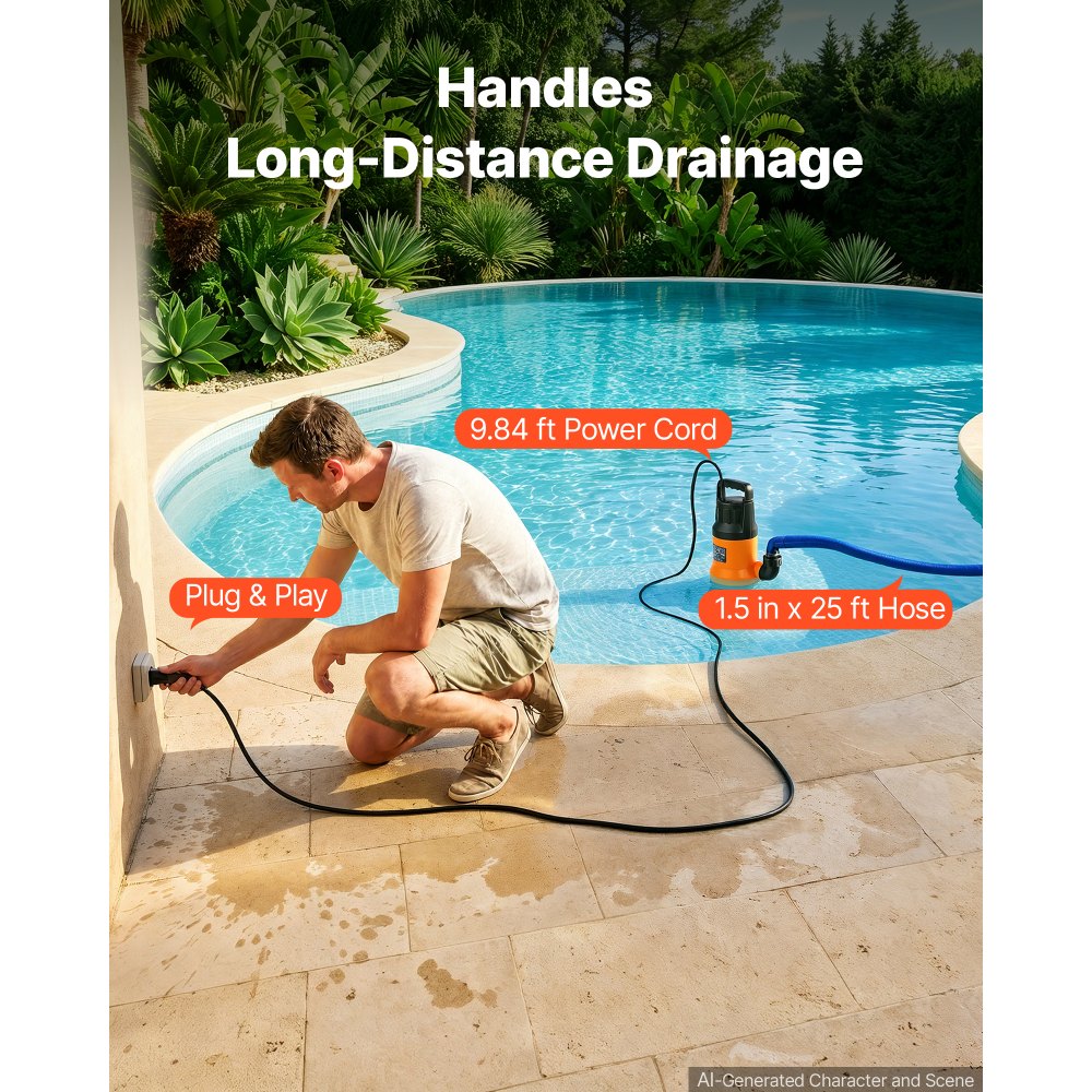Bomba de agua sumergible VEVOR con manguera de 7,6 m (25 pies), 1,2 HP, 5000 GPH, bomba de sumidero portátil para extracción de agua, material termoplástico, para vaciar piscinas, estanques de jardín, jacuzzis y sótanos, resistente al agua IPX8.