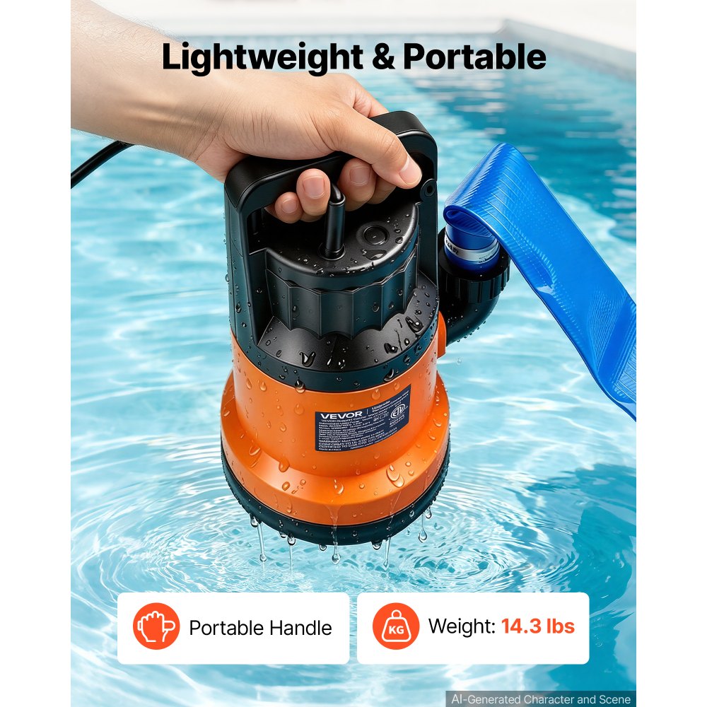 Bomba de agua sumergible VEVOR con manguera de 7,6 m (25 pies), 1,2 HP, 5000 GPH, bomba de sumidero portátil para extracción de agua, material termoplástico, para vaciar piscinas, estanques de jardín, jacuzzis y sótanos, resistente al agua IPX8.