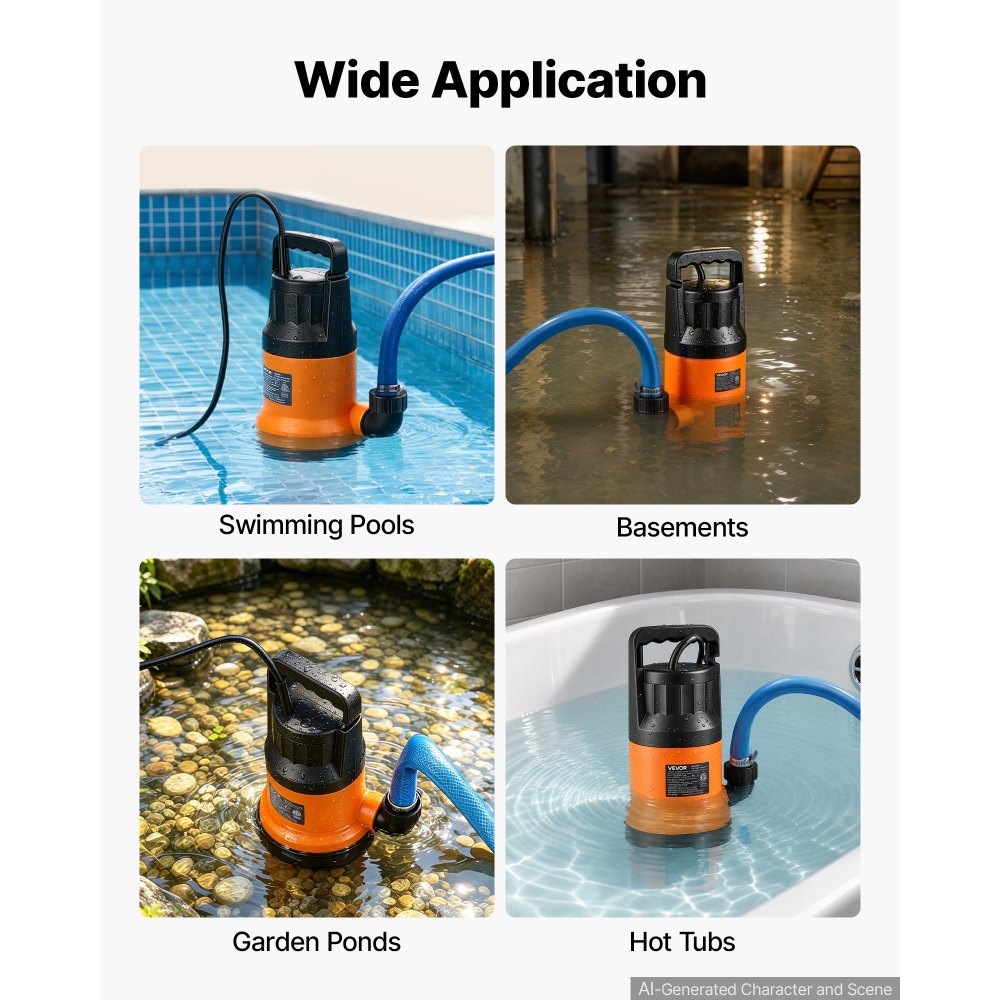 Bomba de agua sumergible VEVOR con manguera de 7,6 m (25 pies), 1,2 HP, 5000 GPH, bomba de sumidero portátil para extracción de agua, material termoplástico, para vaciar piscinas, estanques de jardín, jacuzzis y sótanos, resistente al agua IPX8.