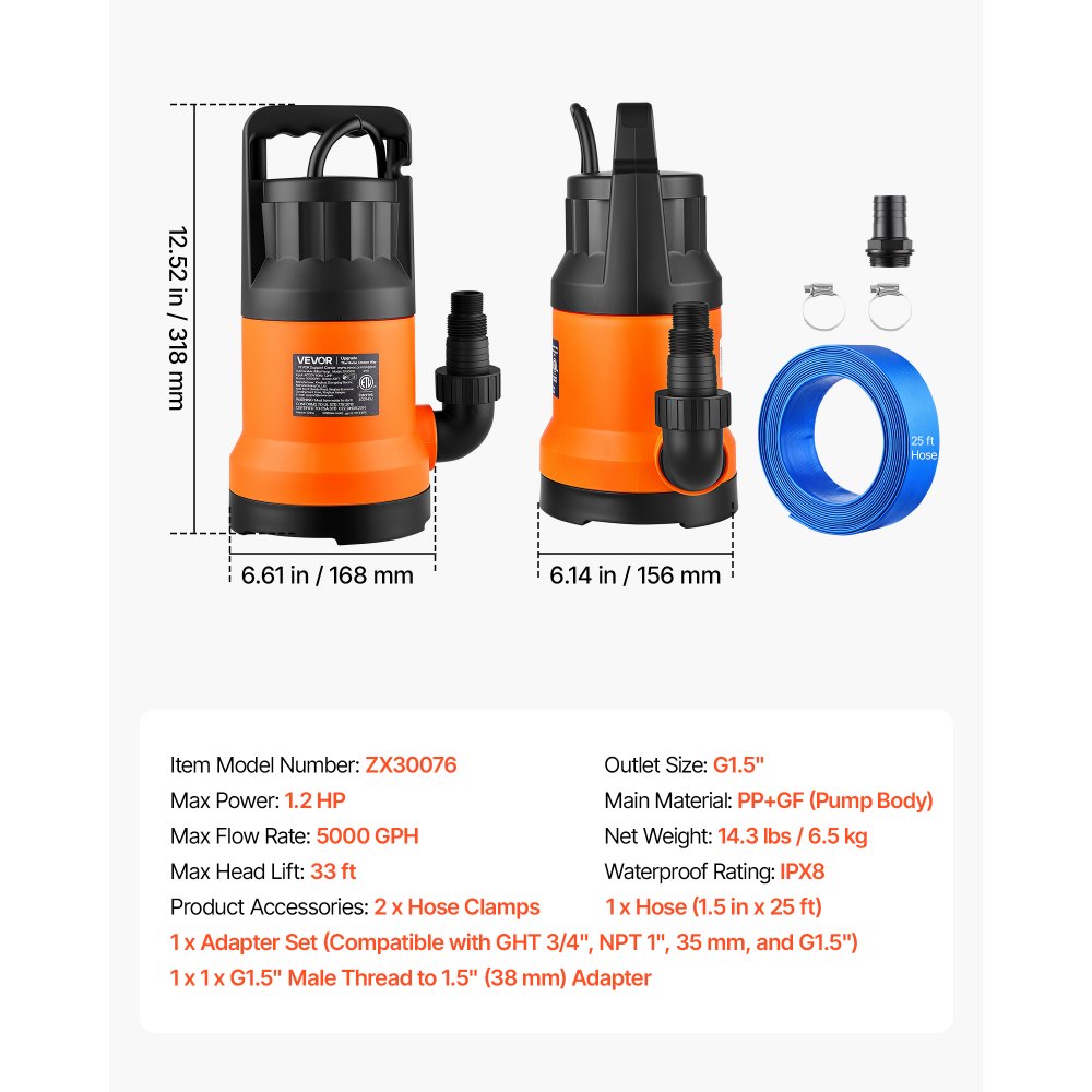 Bomba de agua sumergible VEVOR con manguera de 7,6 m (25 pies), 1,2 HP, 5000 GPH, bomba de sumidero portátil para extracción de agua, material termoplástico, para vaciar piscinas, estanques de jardín, jacuzzis y sótanos, resistente al agua IPX8.