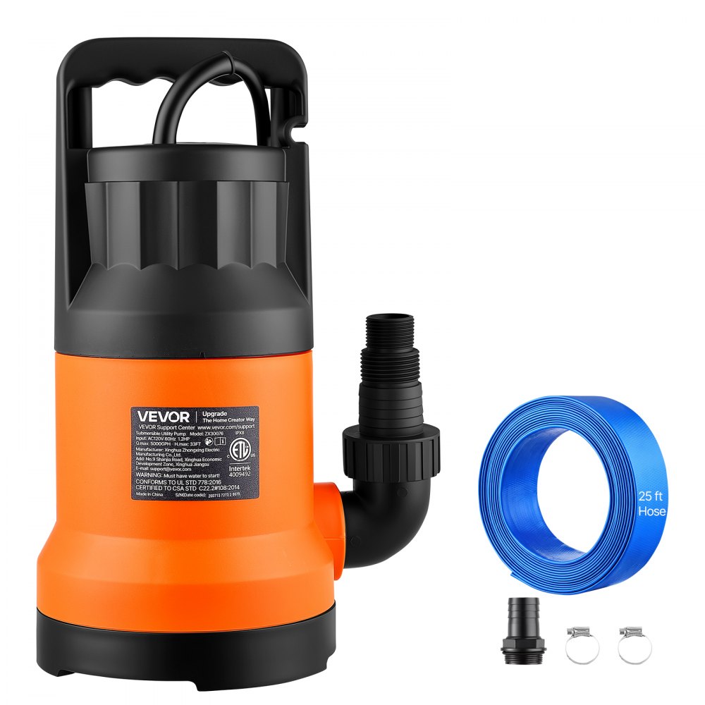 Bomba de agua sumergible VEVOR con manguera de 7,6 m (25 pies), 1,2 HP, 5000 GPH, bomba de sumidero portátil para extracción de agua, material termoplástico, para vaciar piscinas, estanques de jardín, jacuzzis y sótanos, resistente al agua IPX8.