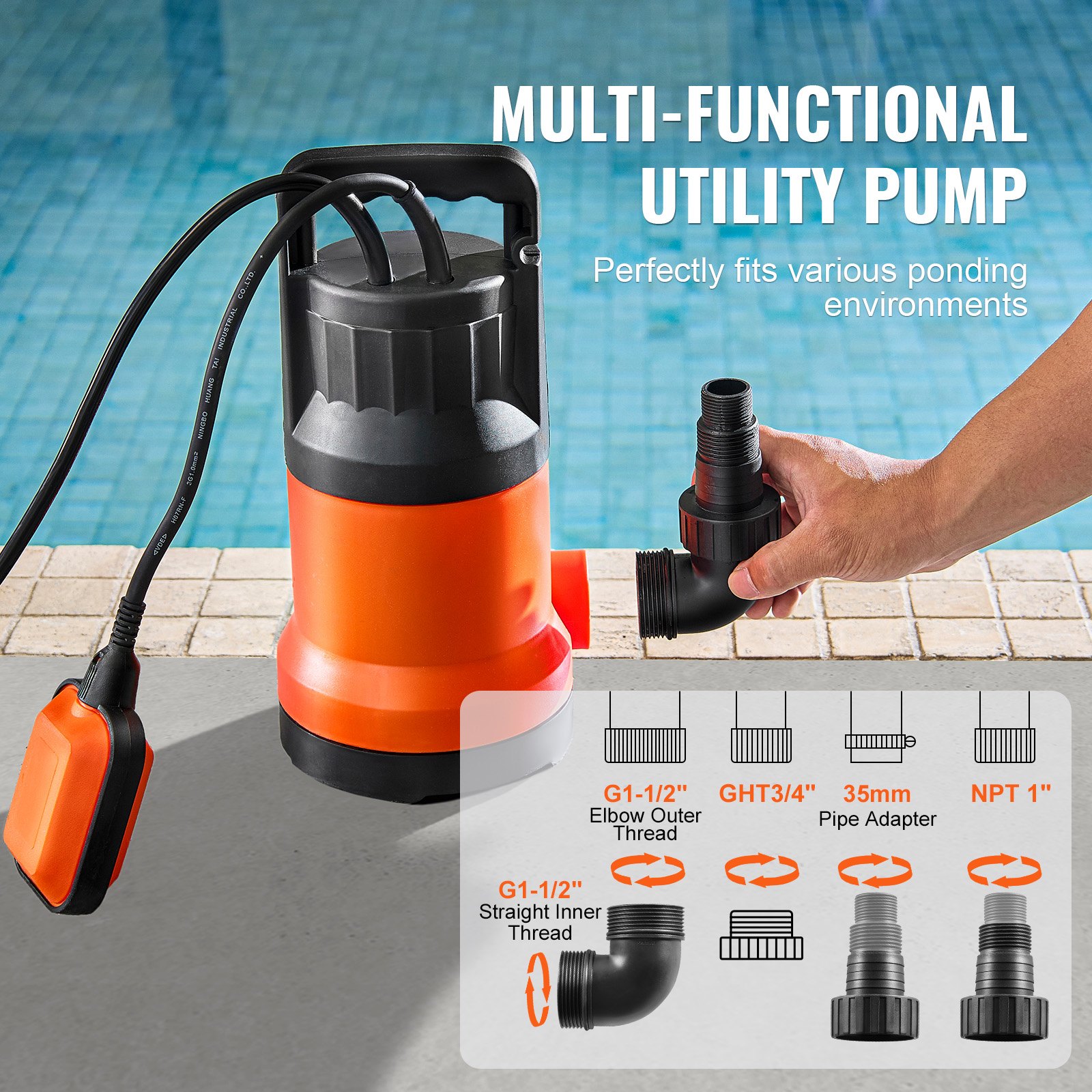 VEVOR Bomba Utilitaria Sumergible, 700W, 15700 L/H de Alto Flujo, Cabezal de 10,1m, Bomba Sumergible de Sumidero con Cable de Alimentación Largo para Drenar Agua de Piscina, Jardín, Estanque, Sótano