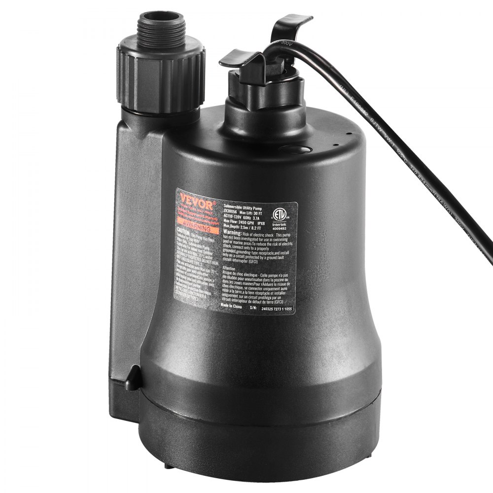 Bomba de servicio VEVOR, 1/3 HP, 2450 GPH, alto caudal, 30 pies de altura, bomba de sumidero, bomba de agua sumergible, bomba de servicio portátil con cable de alimentación de 10 pies de largo para drenar agua de piscinas, jardines, estanques y sótanos.