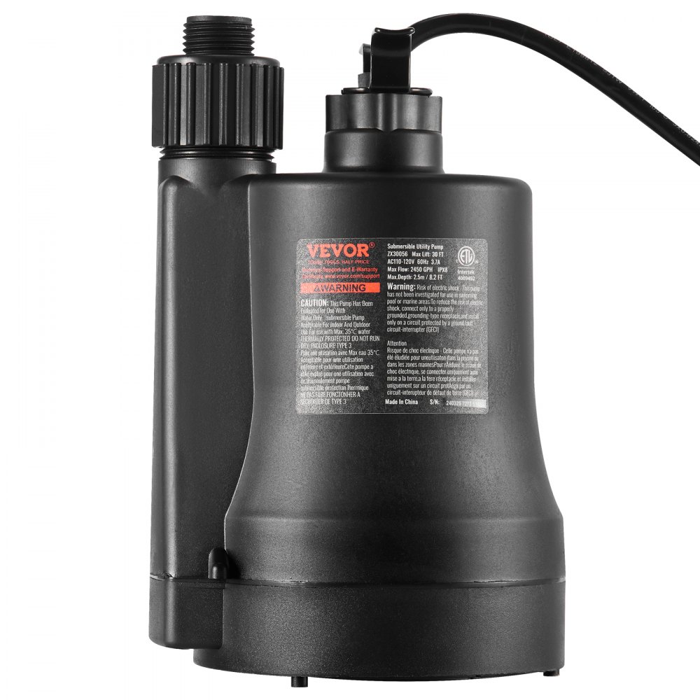 Bomba de servicio VEVOR, 1/3 HP, 2450 GPH, alto caudal, 30 pies de altura, bomba de sumidero, bomba de agua sumergible, bomba de servicio portátil con cable de alimentación de 10 pies de largo para drenar agua de piscinas, jardines, estanques y sótanos.