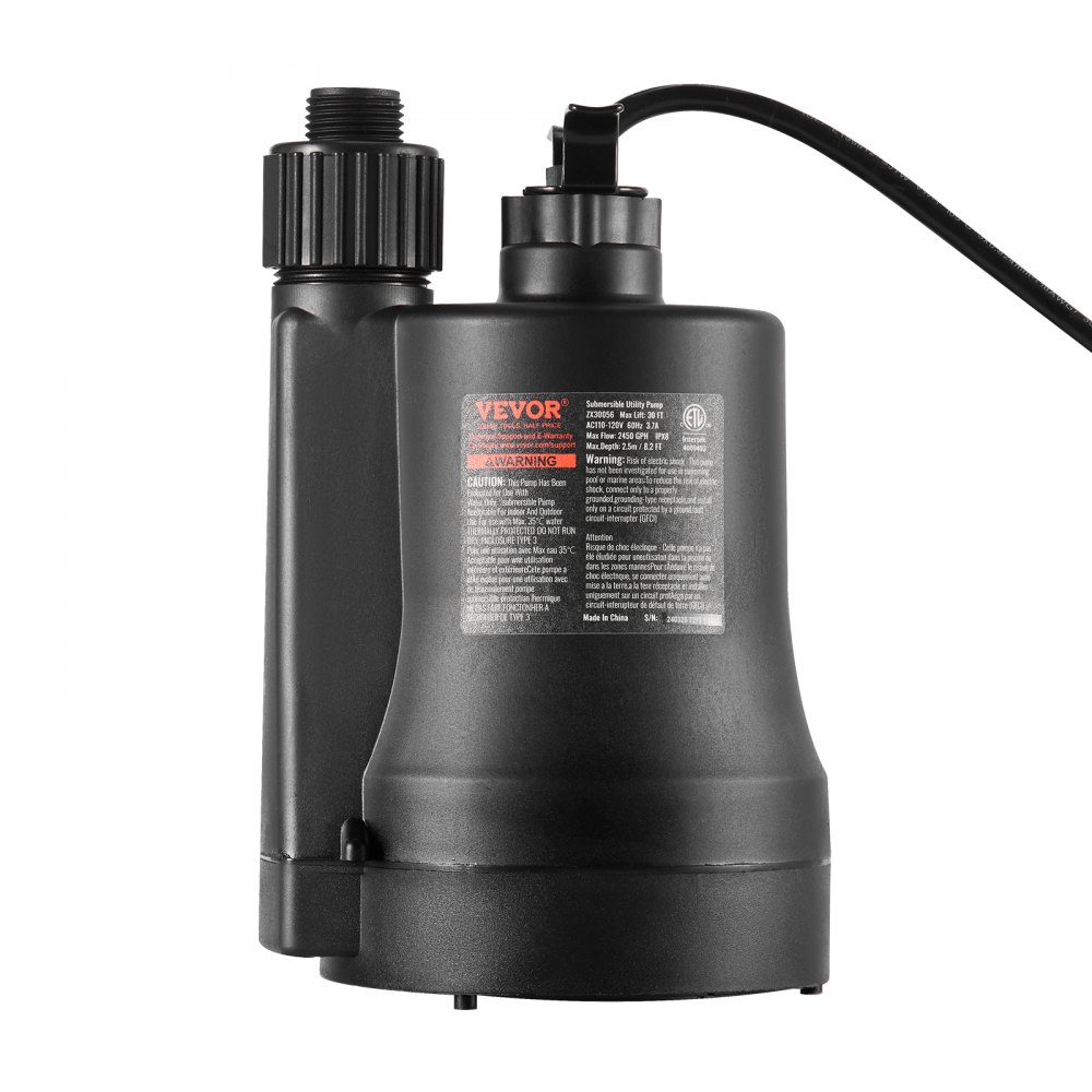 Bomba de servicio VEVOR, 1/3 HP, 2450 GPH, alto caudal, 30 pies de altura, bomba de sumidero, bomba de agua sumergible, bomba de servicio portátil con cable de alimentación de 10 pies de largo para drenar agua de piscinas, jardines, estanques y sótanos.