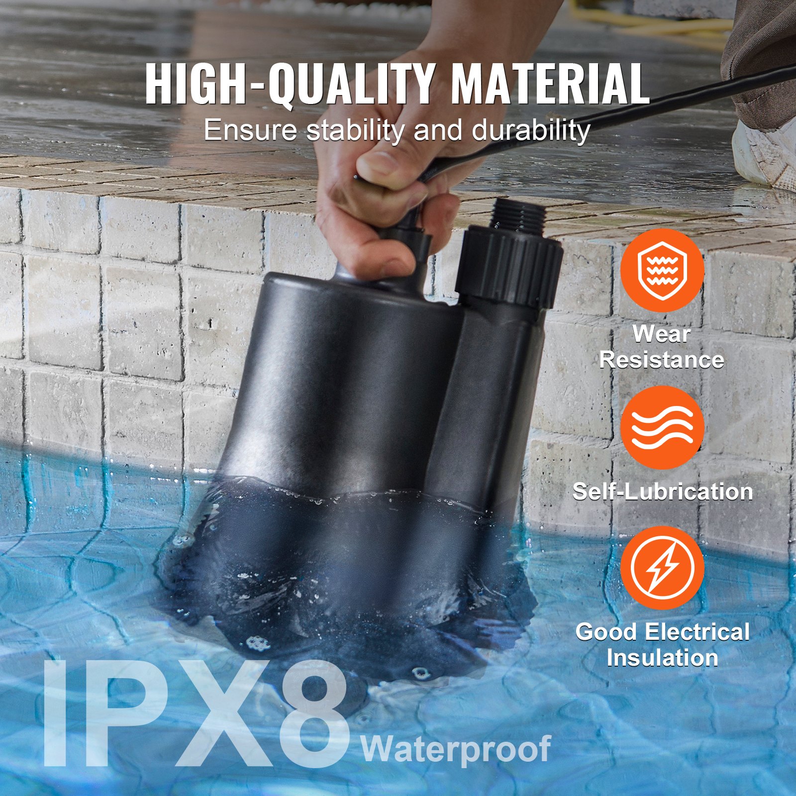 Bomba de servicio VEVOR, 1/3 HP, 2450 GPH, alto caudal, 30 pies de altura, bomba de sumidero, bomba de agua sumergible, bomba de servicio portátil con cable de alimentación de 10 pies de largo para drenar agua de piscinas, jardines, estanques y sótanos.