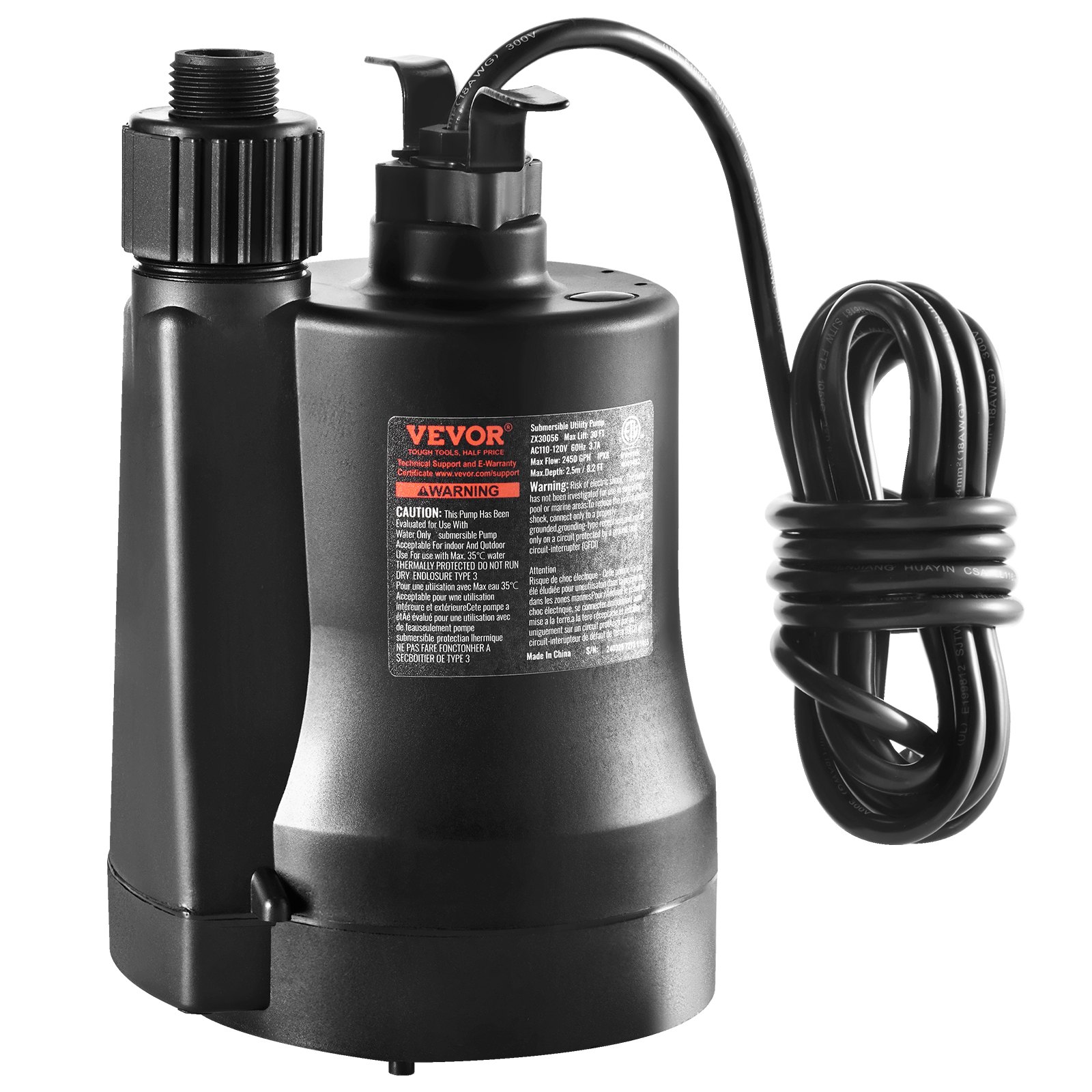 Bomba de servicio VEVOR, 1/3 HP, 2450 GPH, alto caudal, 30 pies de altura, bomba de sumidero, bomba de agua sumergible, bomba de servicio portátil con cable de alimentación de 10 pies de largo para drenar agua de piscinas, jardines, estanques y sótanos.