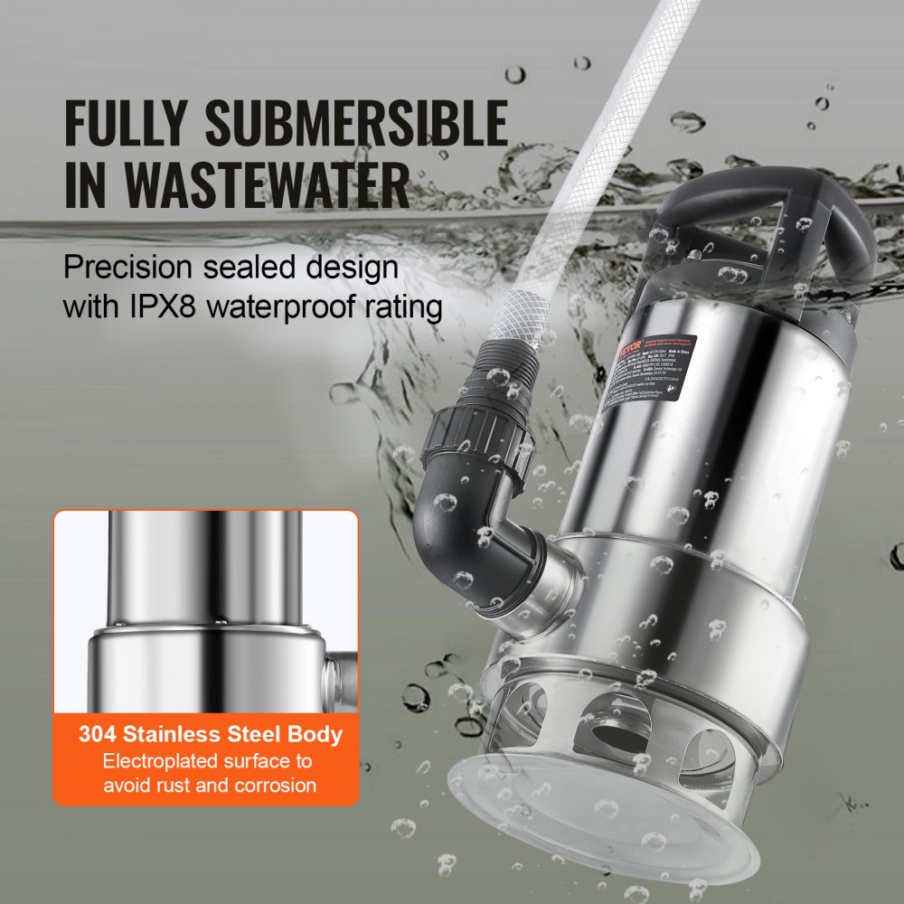 Bomba de sumidero VEVOR de 1 HP, 4020 GPH, elevación de 30 pies, sumergible de acero inoxidable, con cable de alimentación de 26 pies, interruptor de flotador de encendido/apagado automático, para drenaje de agua limpia y sucia en sótanos, inundaciones, piscinas, estanques, jardines, jacuzzis.
