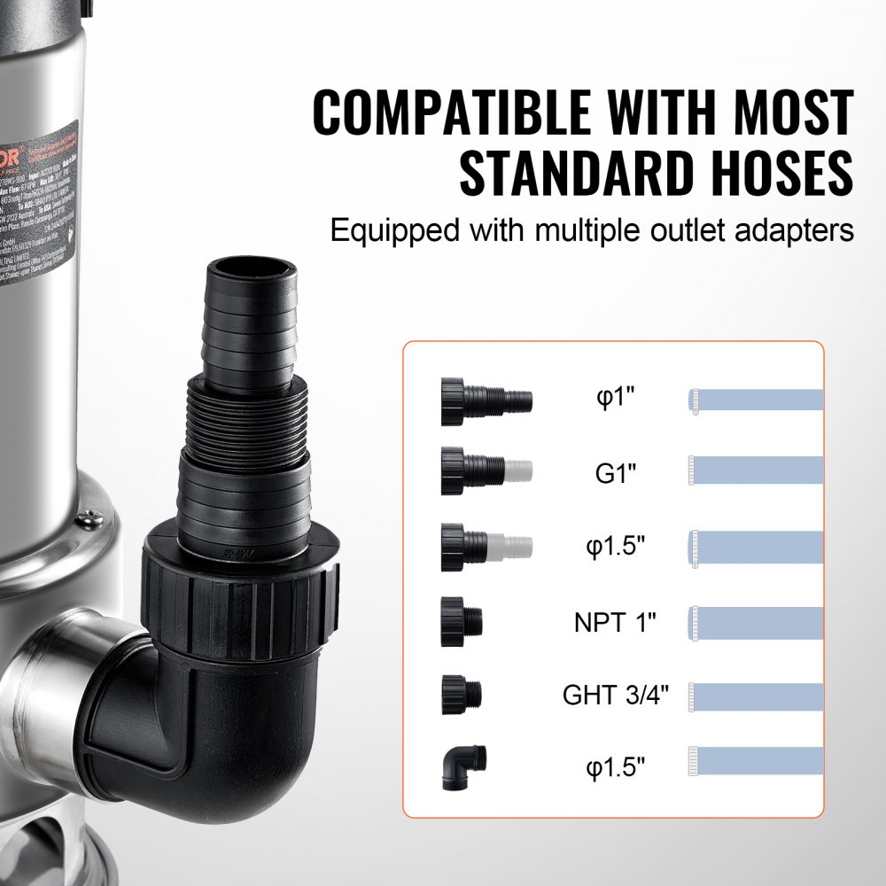 Bomba de sumidero VEVOR de 1 HP, 4020 GPH, elevación de 30 pies, sumergible de acero inoxidable, con cable de alimentación de 26 pies, interruptor de flotador de encendido/apagado automático, para drenaje de agua limpia y sucia en sótanos, inundaciones, piscinas, estanques, jardines, jacuzzis.