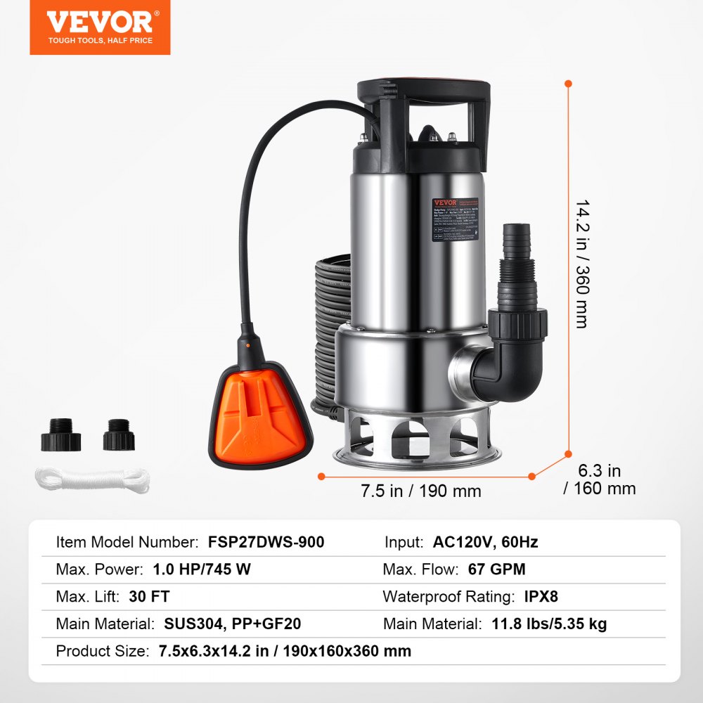 Bomba de sumidero VEVOR de 1 HP, 4020 GPH, elevación de 30 pies, sumergible de acero inoxidable, con cable de alimentación de 26 pies, interruptor de flotador de encendido/apagado automático, para drenaje de agua limpia y sucia en sótanos, inundaciones, piscinas, estanques, jardines, jacuzzis.