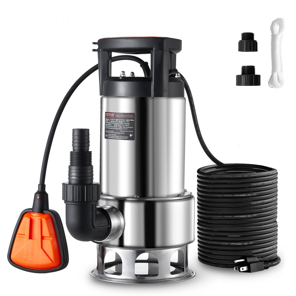 Bomba de sumidero VEVOR de 1 HP, 4020 GPH, elevación de 30 pies, sumergible de acero inoxidable, con cable de alimentación de 26 pies, interruptor de flotador de encendido/apagado automático, para drenaje de agua limpia y sucia en sótanos, inundaciones, piscinas, estanques, jardines, jacuzzis.