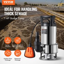 Bomba de sumidero VEVOR de 1 HP, 4020 GPH, bomba de lodos sumergible de acero inoxidable de 30 pies de elevación con cable de alimentación de 26 pies, interruptor de flotador de encendido/apagado automático, drenaje de agua limpia/sucia para inundaciones en sótanos, piscinas, estanques, jardines, jacuzzis