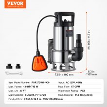 Bomba de sumidero VEVOR de 1 HP, 4020 GPH, bomba de lodos sumergible de acero inoxidable de 30 pies de elevación con cable de alimentación de 26 pies, interruptor de flotador de encendido/apagado automático, drenaje de agua limpia/sucia para inundaciones en sótanos, piscinas, estanques, jardines, jacuzzis