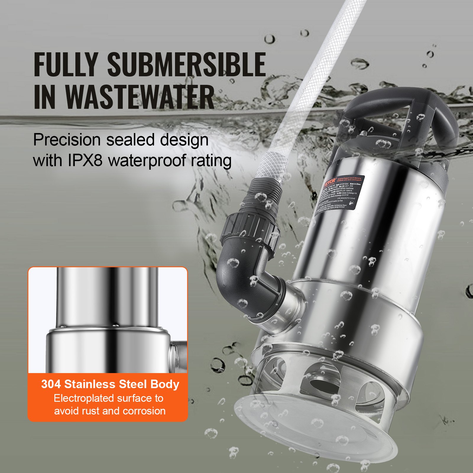 Bomba de sumidero VEVOR de 1 HP, 4020 GPH, elevación de 30 pies, sumergible de acero inoxidable, con cable de alimentación de 26 pies, interruptor de flotador de encendido/apagado automático, para drenaje de agua limpia y sucia en sótanos, inundaciones, piscinas, estanques, jardines, jacuzzis.