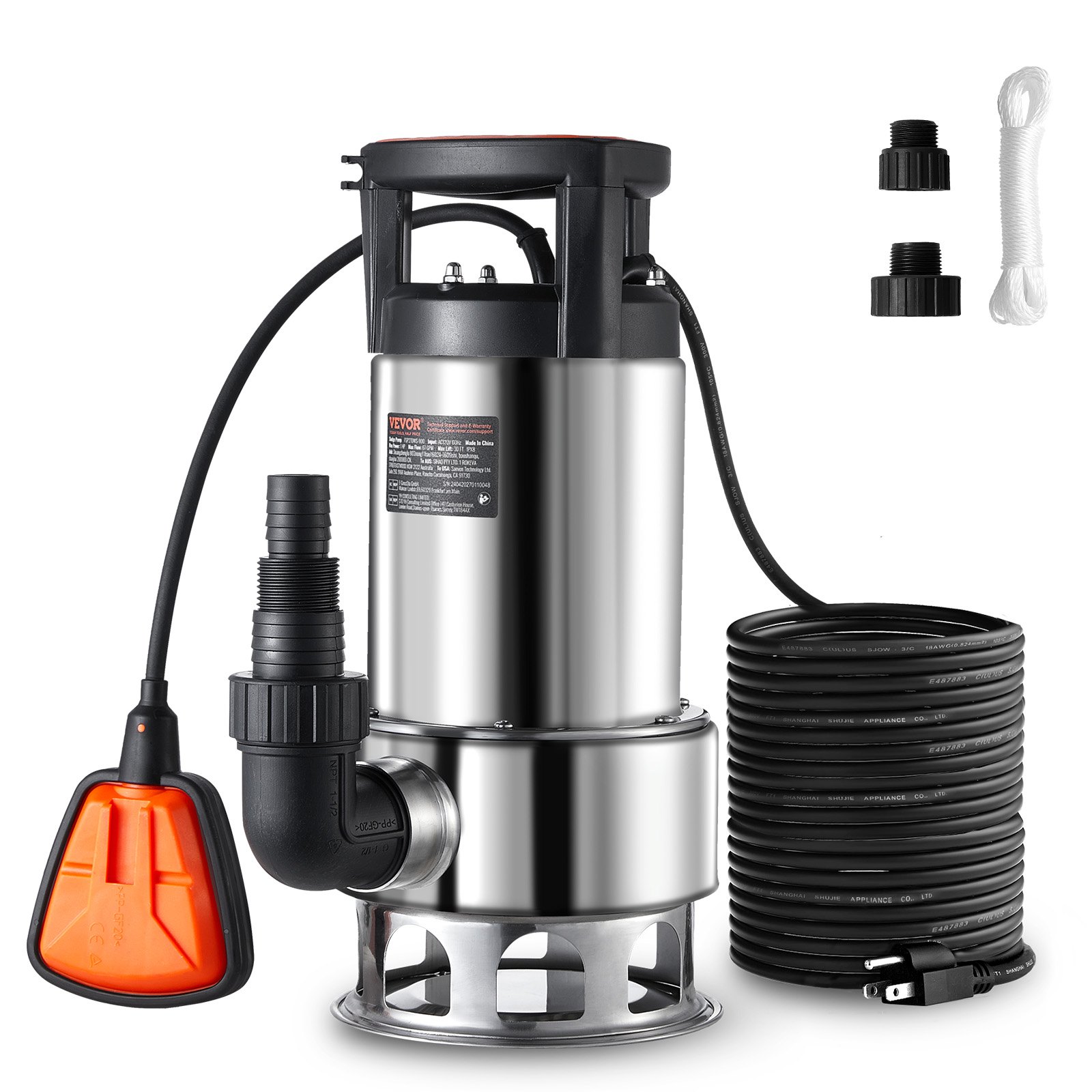 Bomba de sumidero VEVOR de 1 HP, 4020 GPH, elevación de 30 pies, sumergible de acero inoxidable, con cable de alimentación de 26 pies, interruptor de flotador de encendido/apagado automático, para drenaje de agua limpia y sucia en sótanos, inundaciones, piscinas, estanques, jardines, jacuzzis.