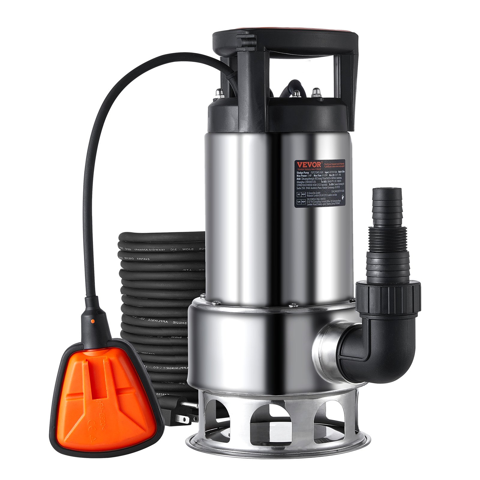 Bomba de sumidero VEVOR de 1 HP, 4020 GPH, elevación de 30 pies, sumergible de acero inoxidable, con cable de alimentación de 26 pies, interruptor de flotador de encendido/apagado automático, para drenaje de agua limpia y sucia en sótanos, inundaciones, piscinas, estanques, jardines, jacuzzis.