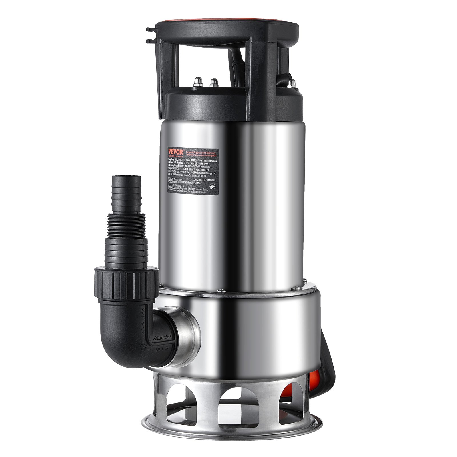 Bomba de sumidero VEVOR de 1 HP, 4020 GPH, elevación de 30 pies, sumergible de acero inoxidable, con cable de alimentación de 26 pies, interruptor de flotador de encendido/apagado automático, para drenaje de agua limpia y sucia en sótanos, inundaciones, piscinas, estanques, jardines, jacuzzis.