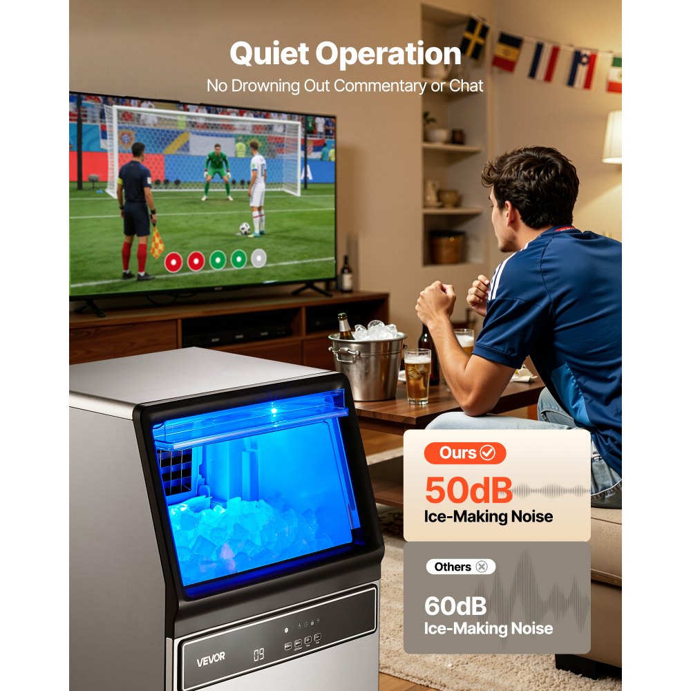 Máquina para fabricar hielo comercial VEVOR, 130 lb/24 h con capacidad de almacenamiento de 33 lb, 45 cubos por ciclo, de acero inoxidable, independiente y bajo encimera, con pantalla LED y autolimpieza, para casa, bar y restaurante.