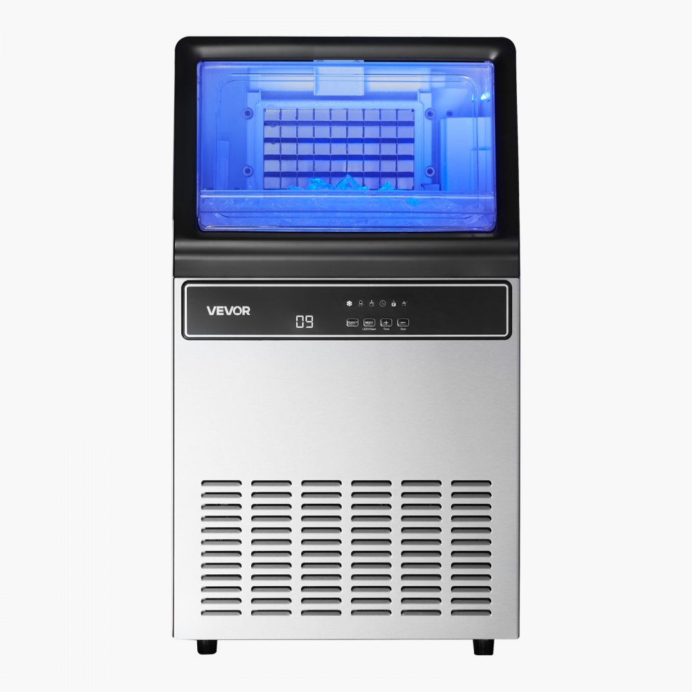 Máquina para fabricar hielo comercial VEVOR, 130 lb/24 h con capacidad de almacenamiento de 33 lb, 45 cubos por ciclo, de acero inoxidable, independiente y bajo encimera, con pantalla LED y autolimpieza, para casa, bar y restaurante.