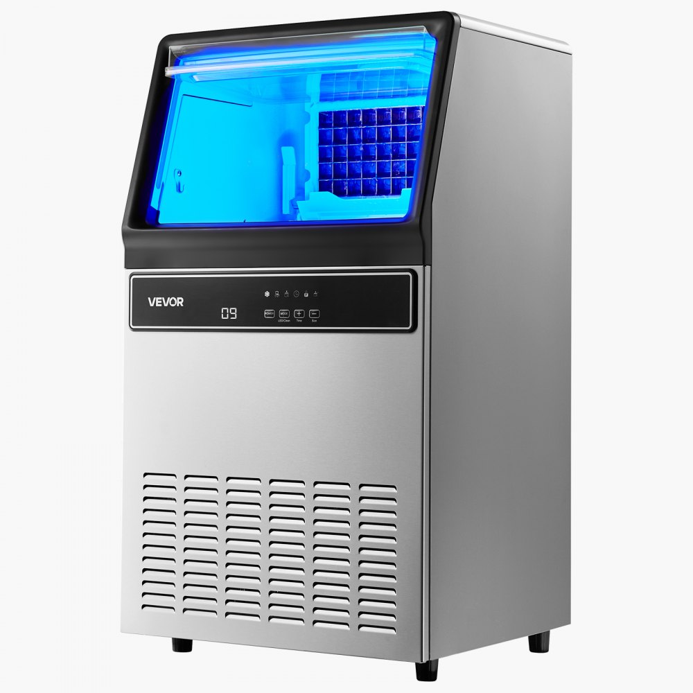 Máquina para fabricar hielo comercial VEVOR, 130 lb/24 h con capacidad de almacenamiento de 33 lb, 45 cubos por ciclo, de acero inoxidable, independiente y bajo encimera, con pantalla LED y autolimpieza, para casa, bar y restaurante.