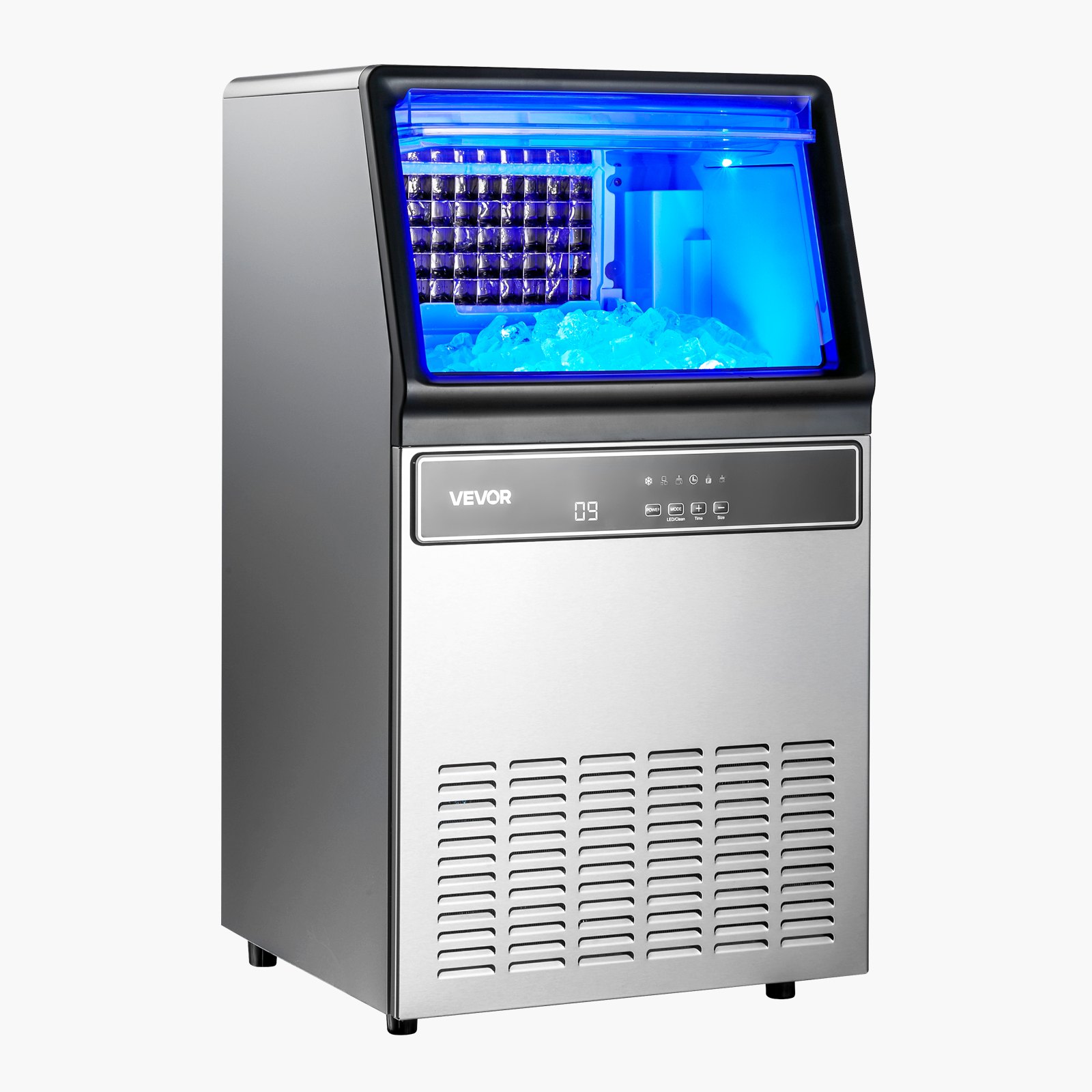 Máquina para fabricar hielo comercial VEVOR, 130 lb/24 h con capacidad de almacenamiento de 33 lb, 45 cubos por ciclo, de acero inoxidable, independiente y bajo encimera, con pantalla LED y autolimpieza, para casa, bar y restaurante.