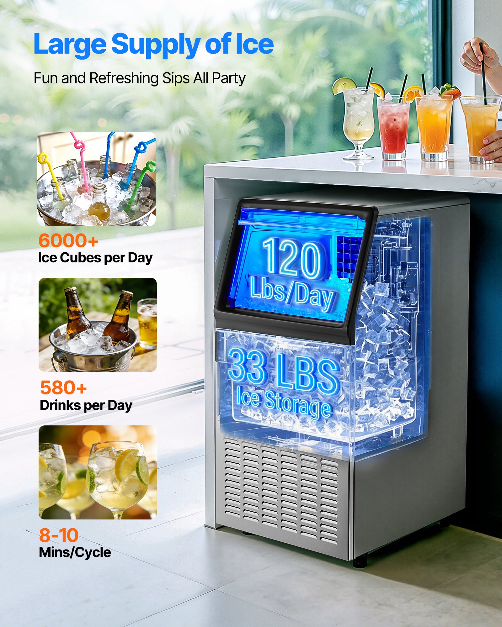 Máquina para fabricar hielo comercial VEVOR, 130 lb/24 h con capacidad de almacenamiento de 33 lb, 45 cubos por ciclo, de acero inoxidable, independiente y bajo encimera, con pantalla LED y autolimpieza, para casa, bar y restaurante.