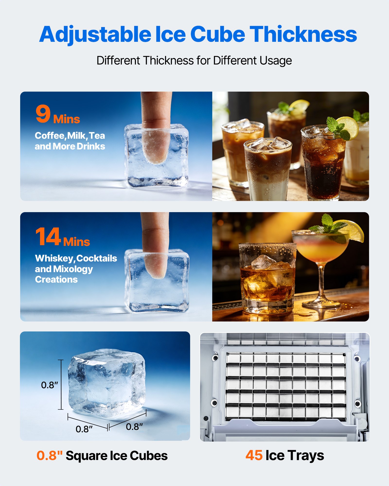 Máquina para fabricar hielo comercial VEVOR, 130 lb/24 h con capacidad de almacenamiento de 33 lb, 45 cubos por ciclo, de acero inoxidable, independiente y bajo encimera, con pantalla LED y autolimpieza, para casa, bar y restaurante.
