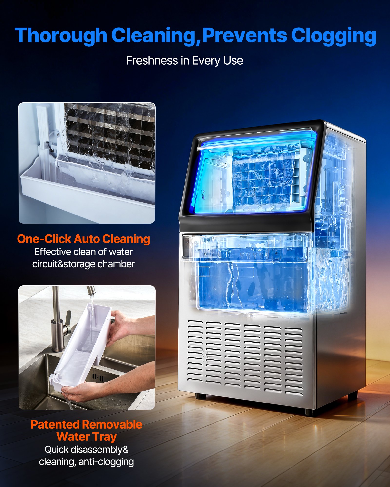 Máquina para fabricar hielo comercial VEVOR, 130 lb/24 h con capacidad de almacenamiento de 33 lb, 45 cubos por ciclo, de acero inoxidable, independiente y bajo encimera, con pantalla LED y autolimpieza, para casa, bar y restaurante.