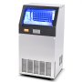 Máquina de hielo comercial VEVOR con depósito de hielo iluminado en azul y panel de control digital en un elegante cuerpo de acero inoxidable.