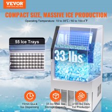 VEVOR Máquina para hacer hielo comercial, 100 libras/24 horas, máquina para hacer hielo, 55 cubitos de hielo en 12-15 minutos, máquina para hacer hielo con gabinete independiente con capacidad de almacenamiento de 33 libras, pantalla digital LED, para bar, hogar, oficina, restaurante