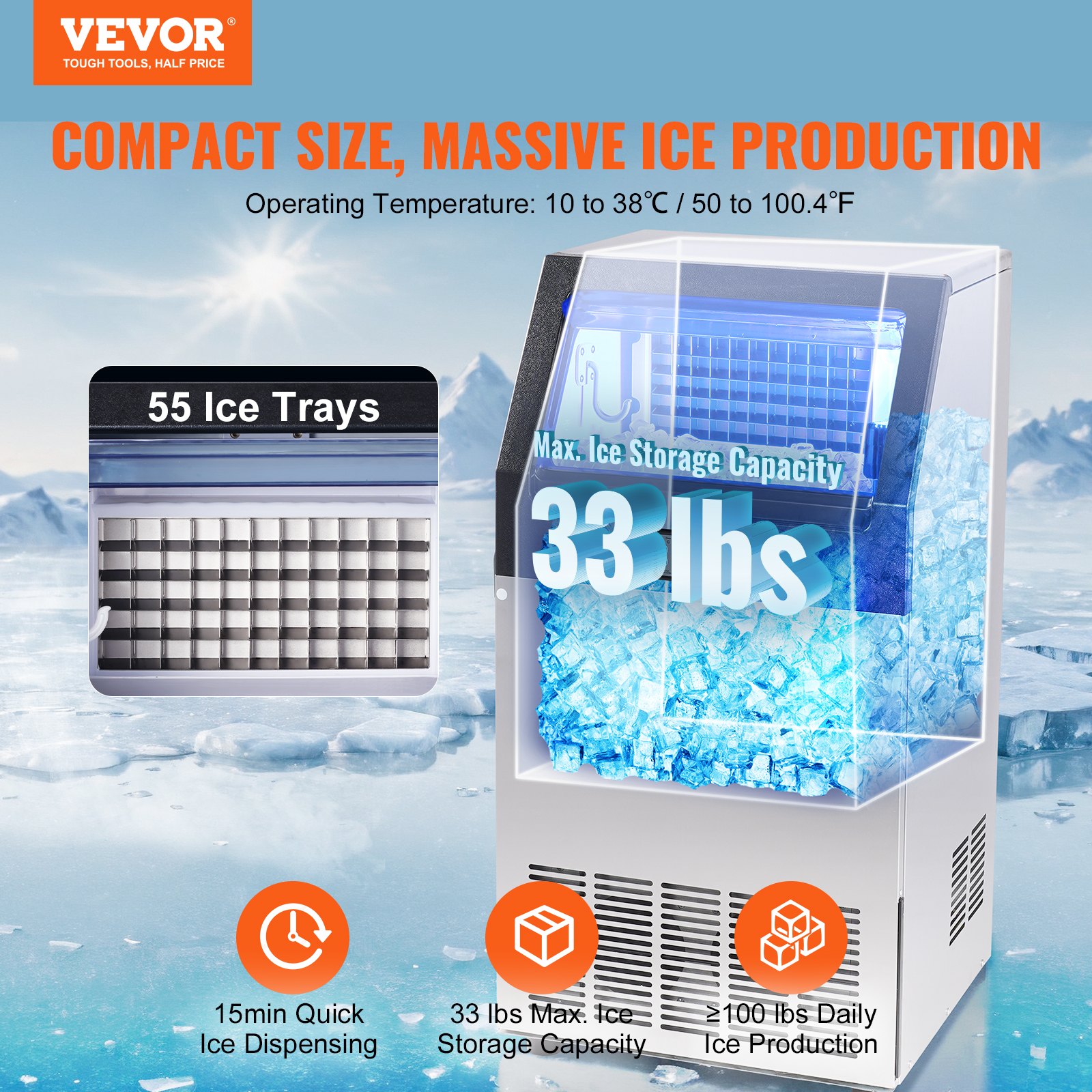 Máquina para fabricar hielo comercial VEVOR, 55 bandejas de hielo, 33 lb de almacenamiento, dispensación rápida, producción diaria de &gt;100 lb.