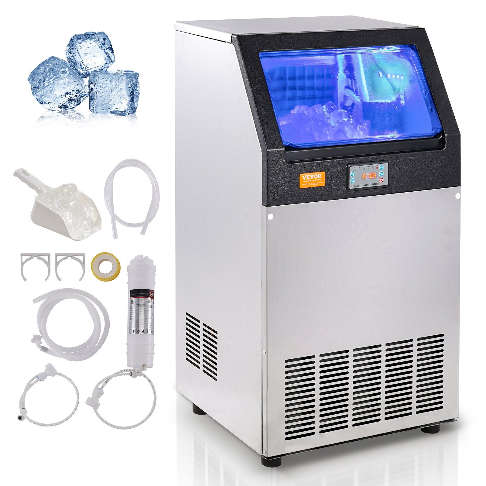 Máquina de hielo comercial VEVOR con accesorios, cubitos de hielo y pala, con diseño de acero inoxidable y panel de control.