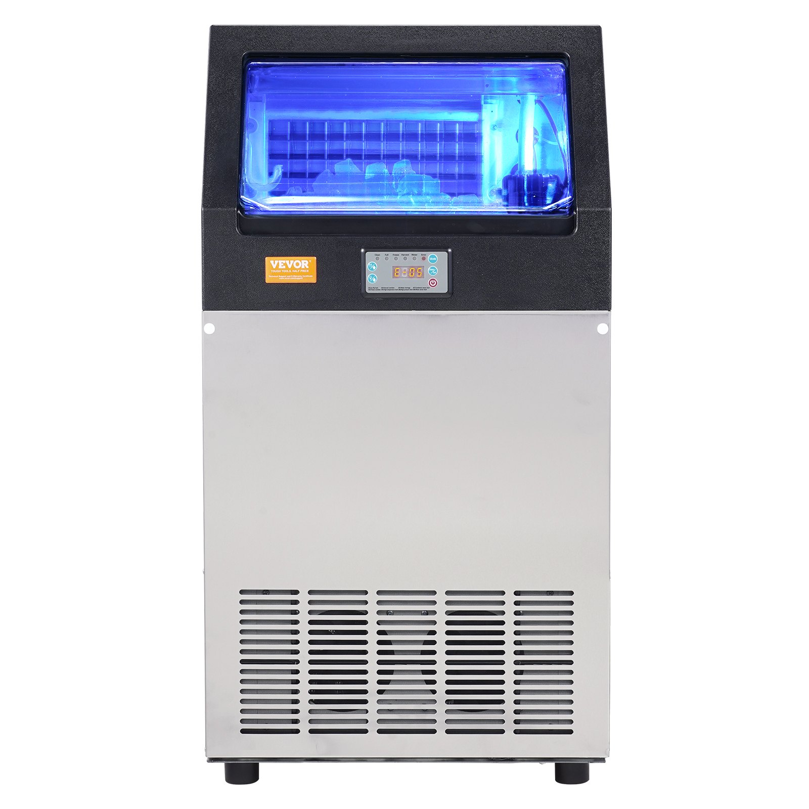 Máquina de hielo comercial VEVOR con pantalla digital y compartimento de hielo iluminado en acero inoxidable.