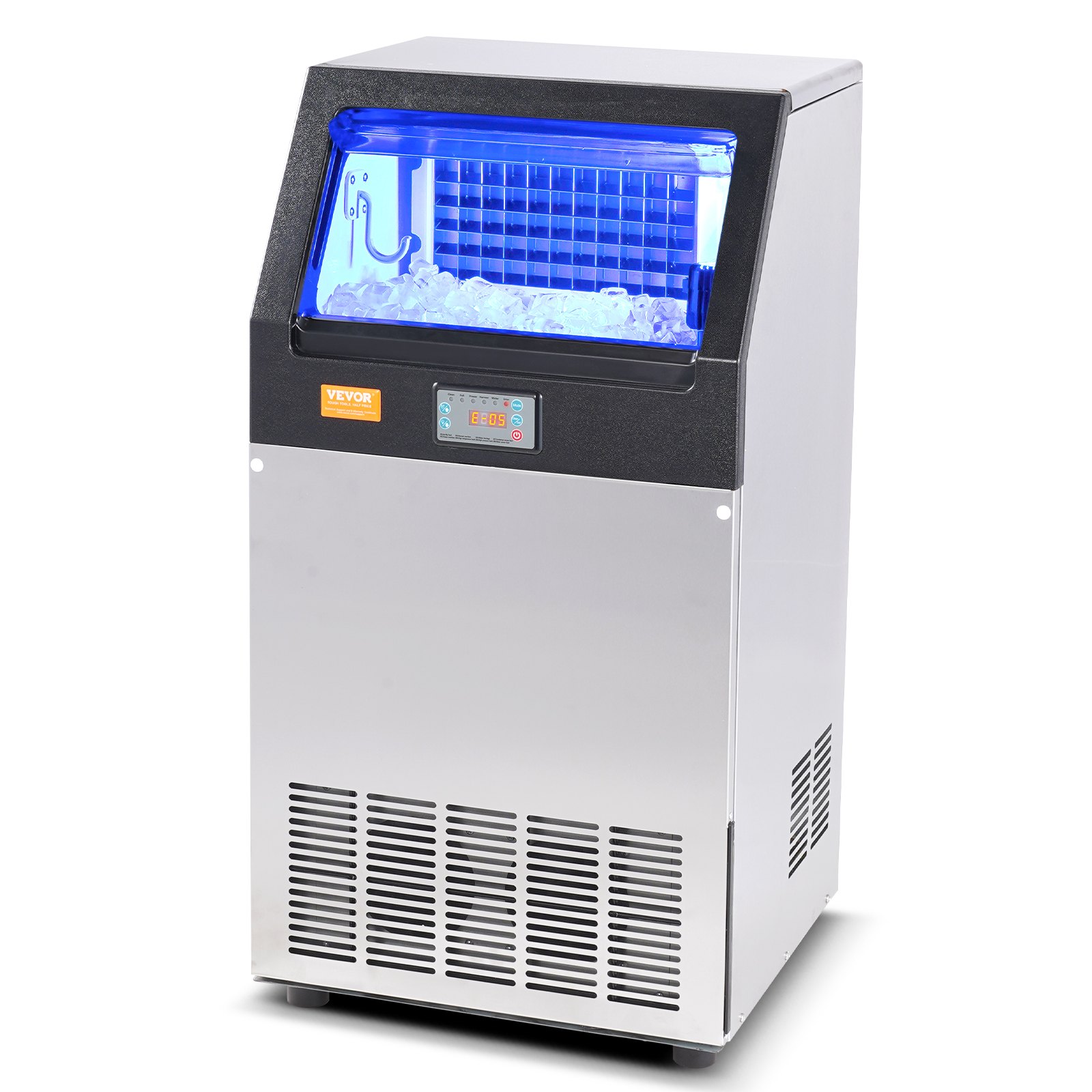 Máquina de hielo comercial VEVOR con depósito de hielo iluminado en azul y panel de control digital en un elegante cuerpo de acero inoxidable.